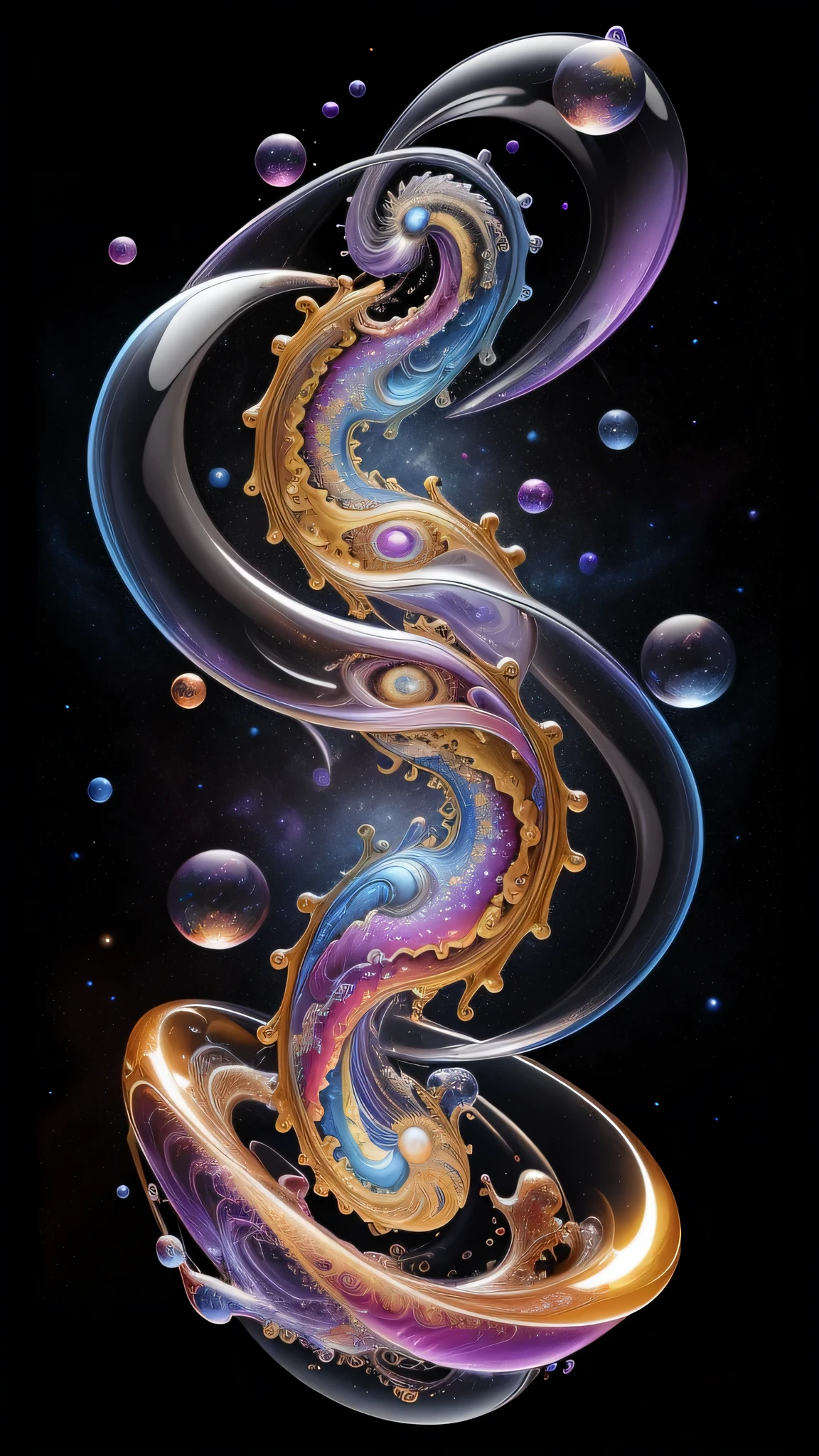 Masterpiece, Official Art, Highly Detailed CG, Professional Photography, Sharp Focus, HDR, Intricate Details, Refined Detail, (8K, Top Quality, Masterpiece, Ultra High Resolution: 1.2), Photorealistic, Galaxy Dramatic 3D rendering of swirls, swirls, fractal art bubbles + soap bubbles, fractal lures, pendulums, paint drips, splattered colors, professional photography, studio quality, background is space, stars swimming,