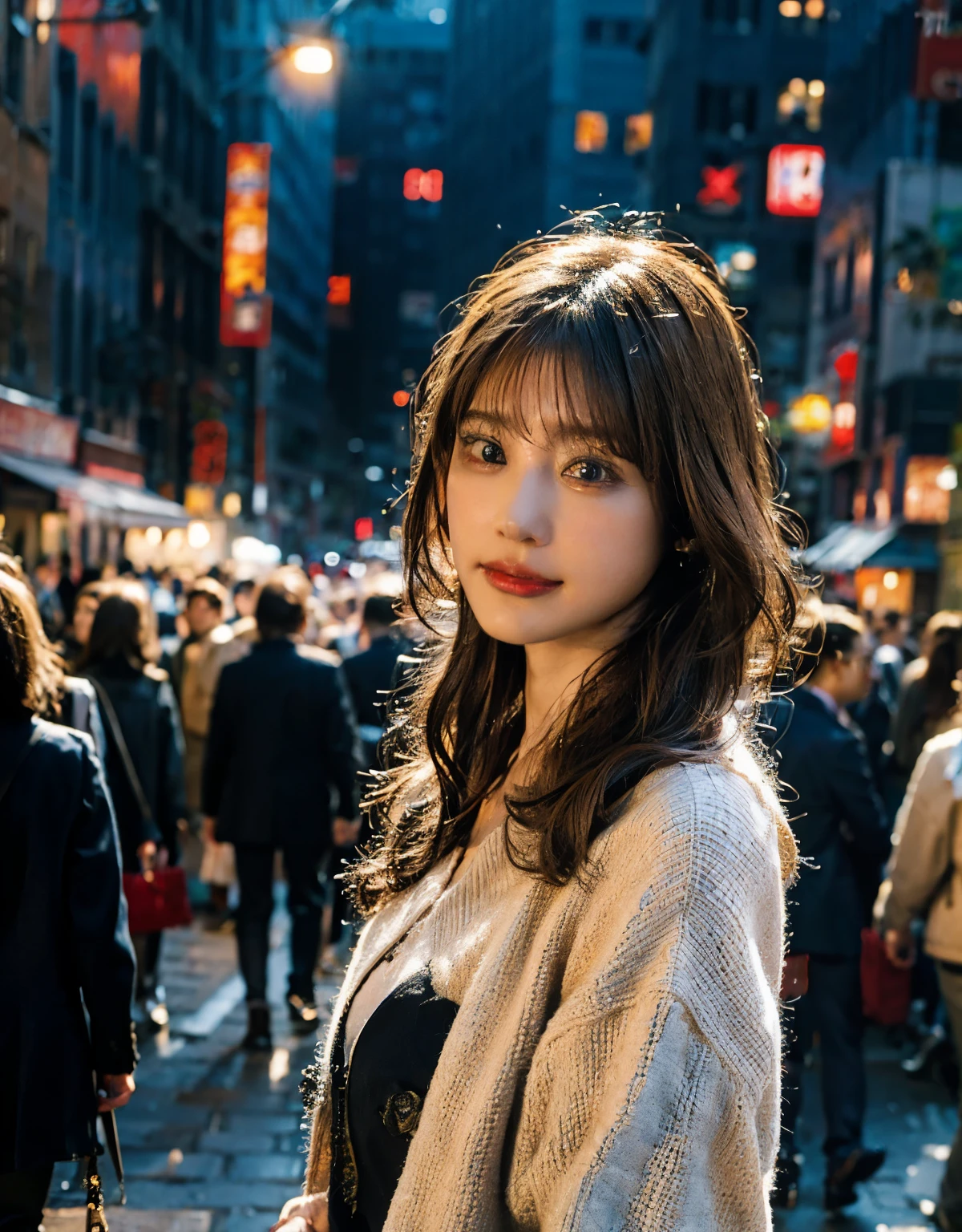 (8k、RAW photo、highest quality、masterpiece:1.2)、(real、photorealistic:1.37)、Super detailed、whole body、1 girl、solo、People in the crowd々、night、whole body、beautiful detailed eyes、beautiful detailed lips、professional lighting、