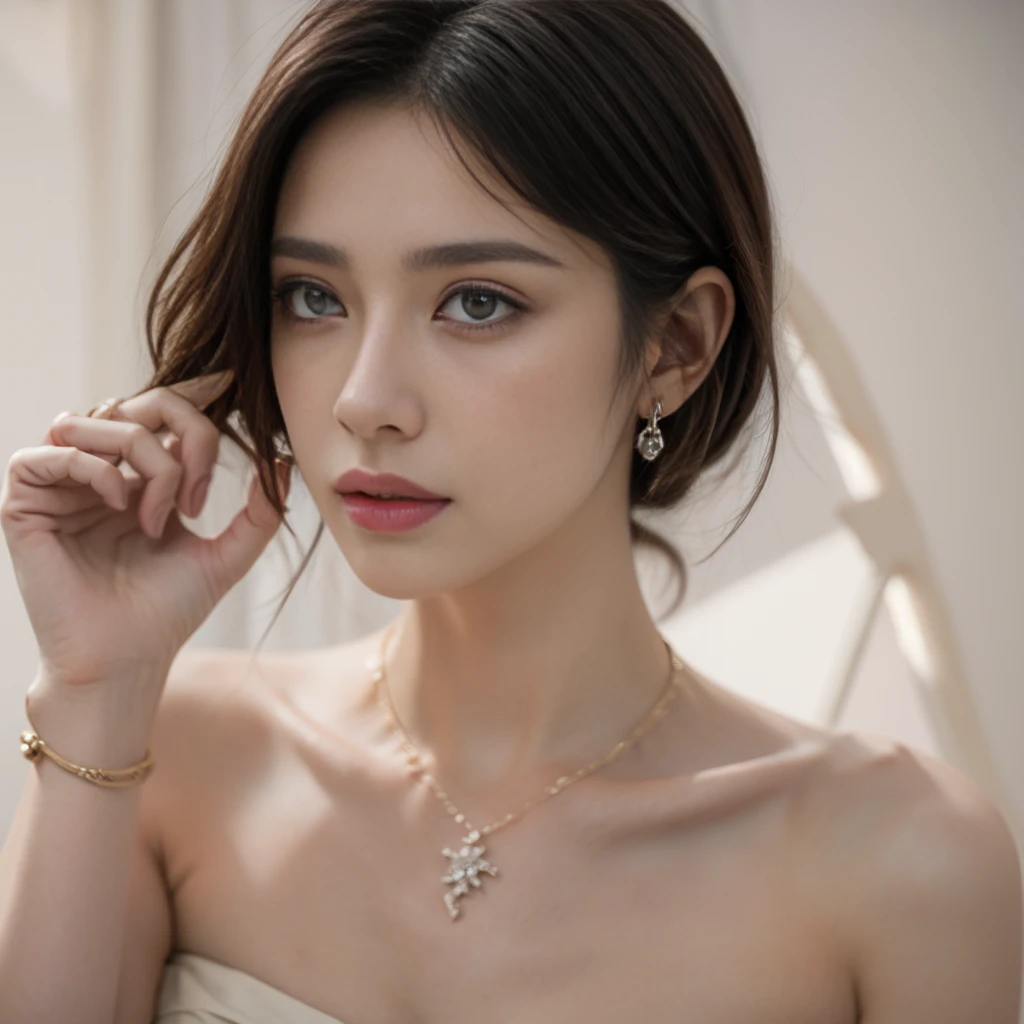 ((Best quality, 8k, Masterpiece :1.3)), Sharp focus :1.2, Perfect body beauty: 1.4, Slim abs: 1.2, ((chignon hair, small breasts: 1.2)), (Natural light), extremely detailed gorgeous autumn-leaf lace brassiere, extremely detailed gorgeous (((amber necklace))), tiara, highly detailed facial and skin textures, detailed eyes, double eyelids, (((Dynamic Angle)))