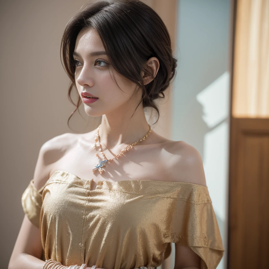 (Best Quality, Masterpiece, Photo realistic, Ultra Detailed, ultra high res, raw:1.perfect body, 1girl, parted lips, red lips, glitter eyeliner:1.4, upper body closeup, bedroom, japanese, 20years old, navel, shiny purple dress, laces, white skin, cute, messy hair, purple choker, ruby necklace, shoulder length luxury earings, looking at the viewer, gold eyes,red hair