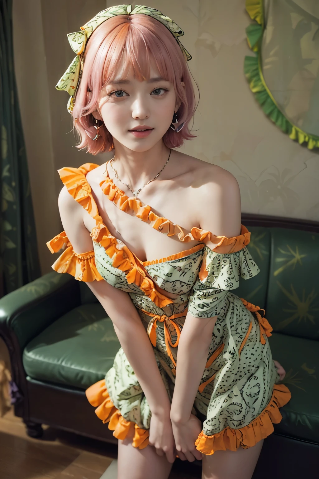 (8K, top-quality, masterpiece:1,2), (reallistic, Photorealsitic:1.37), Super Detail, One girl,), (Highly detailed), (beautifully detailed eyes), (of the highest quality), (super detailed ), (masterpiece), (Detailed face),20yr old, ,1 girl, full body, ((pink hair,Very short hair)), medium breasts, clothed, Perfect Lighting, pussy and breast focus, looking at viewer, aroused face, naughty face, ((orange one-shoulder dress ,with green patterns and frills on hem and ribbon)), curly on left side, straight on right side, smiling , orange earrings and necklace, holding up dress with right hand, peace sign with left hand, standing on orange carpet, orange gradient wallpaper, white spotlight, light reflecting on dress and hair