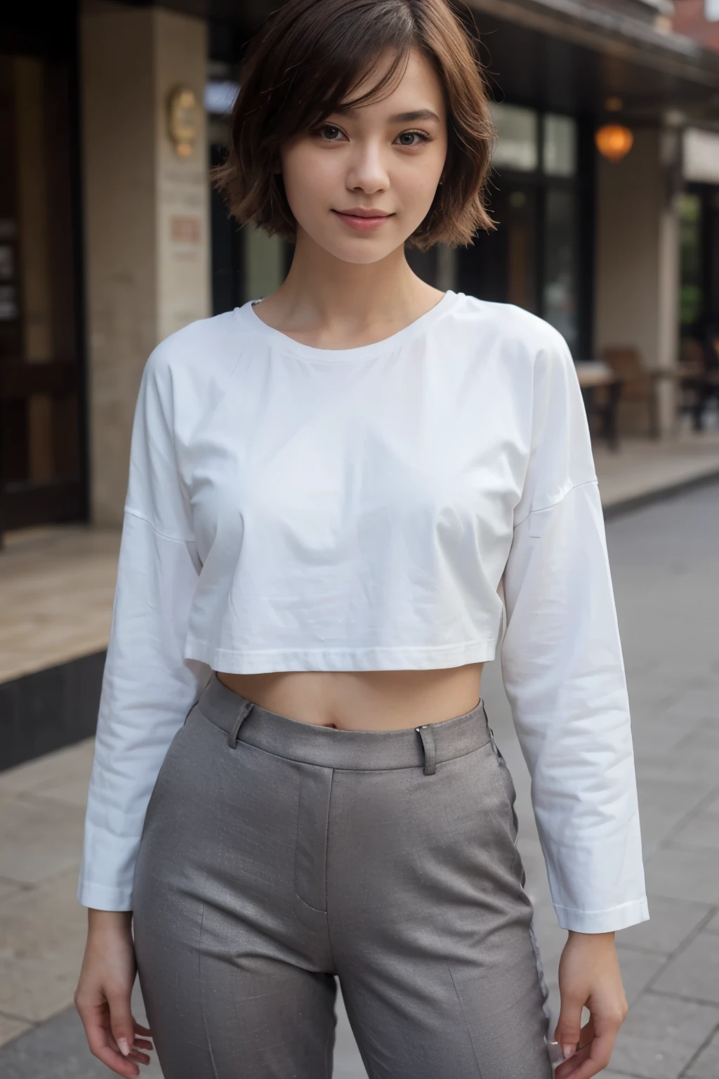 top-quality、​masterpiece、超A high resolution、(realisitic:1.4)、Beautuful Women１、Beautiful detail eyes and skin、smile、Light brown short-cut hair, She is Wearing a long t shirt posing for a photo,  gorgeous chinese model, photo of slim girl model, IG-Modell, beautiful female model,  on the resort, long t shirt, women's trousers