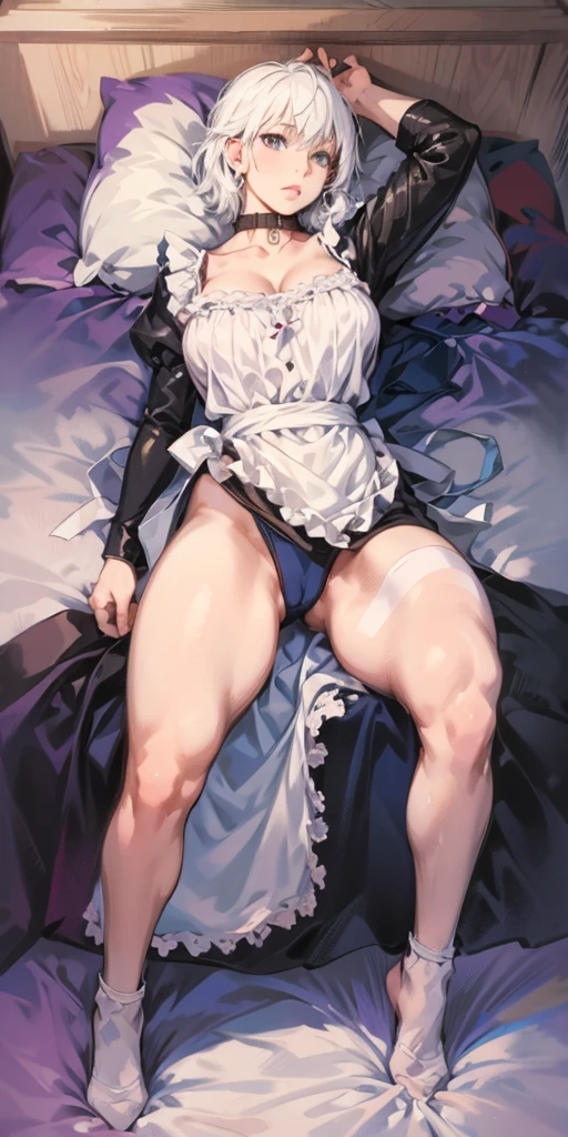 White hair , short hair, pinched eyes, (big-:1.5) , Thin legs, thin body, leather collar, Maid outfit victorian, dynamic pose, full body, View from below, wide hips, Kneeling