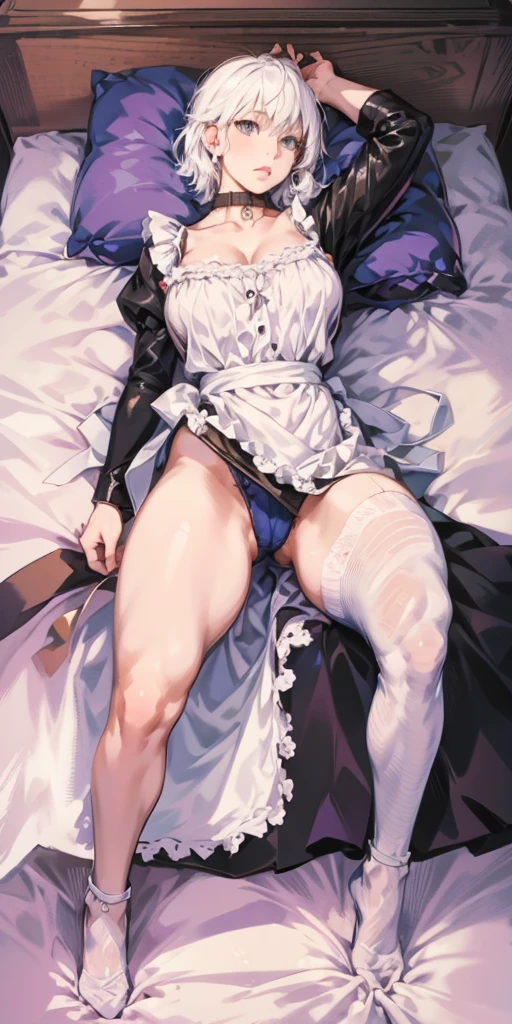 White hair , short hair, pinched eyes, (big-:1.5) , Thin legs, thin body, leather collar, Maid outfit victorian, dynamic pose, full body, View from below, wide hips, Kneeling
