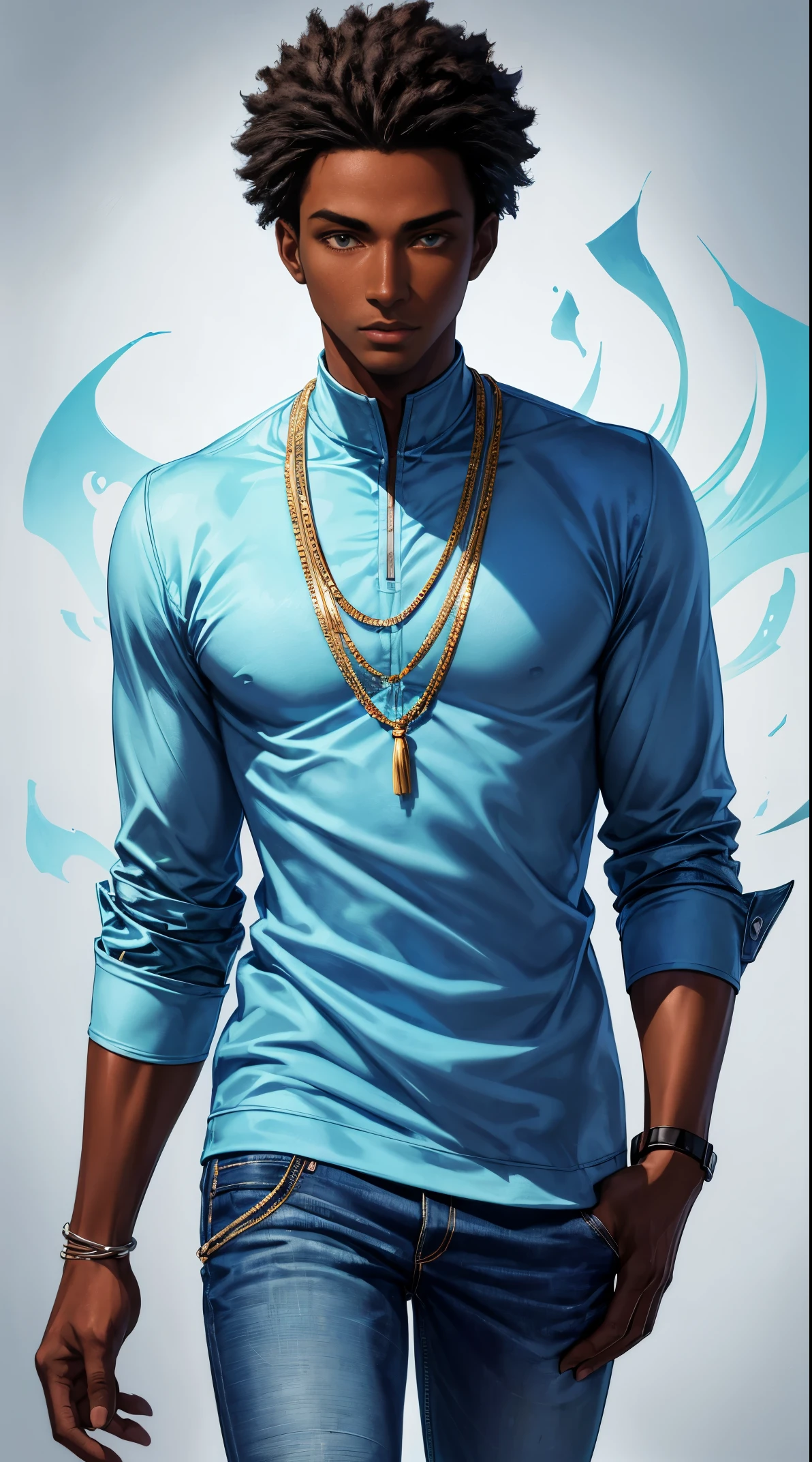 (best quality:1.1),original, 1man,  A handsome man with dark skin, African American man with natural hair, short hair, buzzcut, ebony nose, broad shoulders, tall, masculine, dressed in blue urban clothes and demin jeans, cartoon，anime illustrations, style is abstract beauty, Sundaratang, charming character illustrations, folklore  --ar 2:3 --v 6.0 