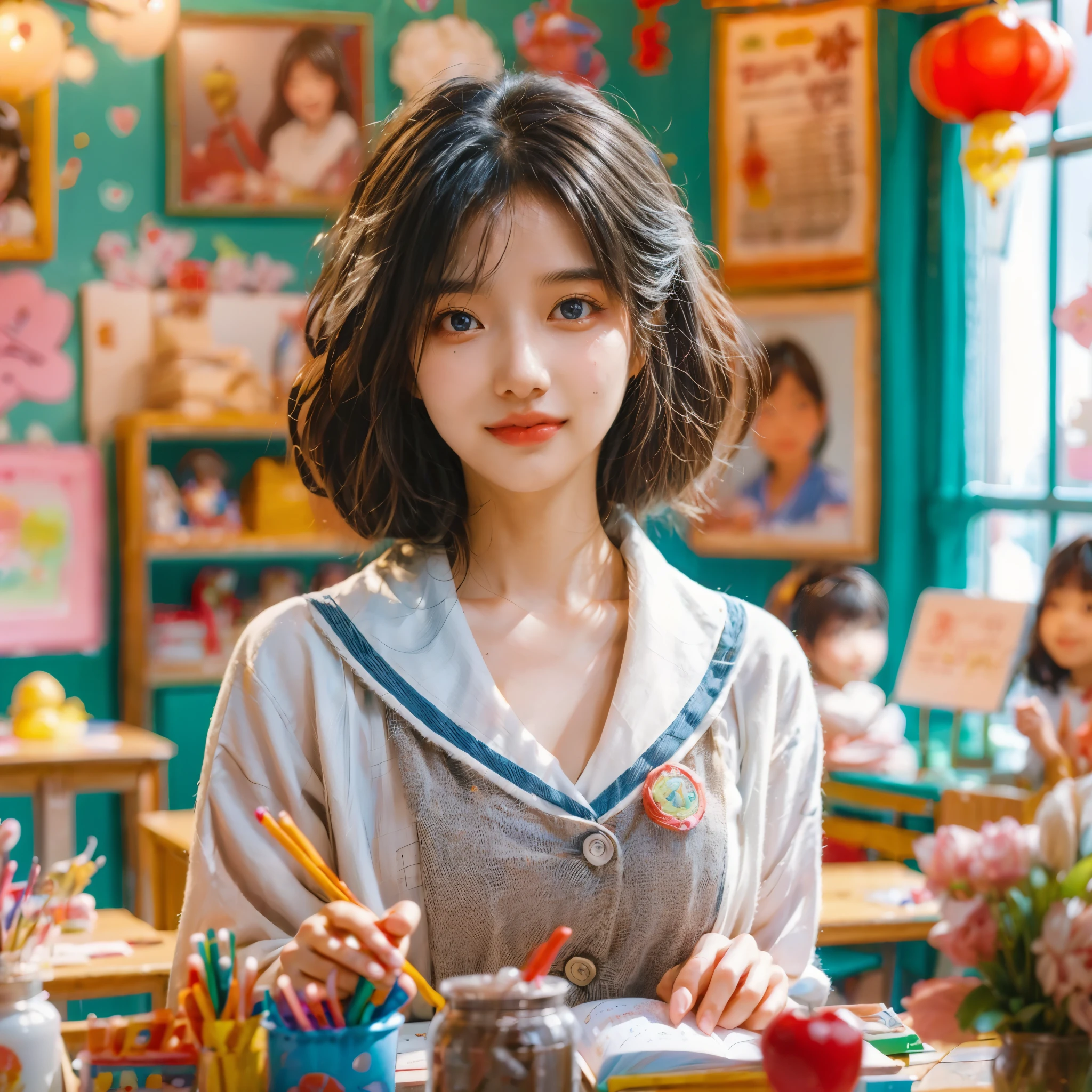 A continuation of the charming and cute depiction of a dream girlfriend as a kindergarten teacher, focusing on her photogenic and picturesque qualities. She displays a radiant smile, exuding a sense of spring warmth and happiness, uplifting the spirits of everyone, especially children. As an embodiment of wisdom, beauty, and diligence, she interacts playfully with the children in the colorful and vibrant kindergarten classroom. She is wearing a cute, professional outfit suitable for a teacher, with her hair styled in a simple, charming manner. The classroom is filled with educational toys, colorful decorations, and children's artwork, creating a joyful and lively atmosphere. The scene captures her engaging presence, showcasing her as a delightful, intelligent, and adorable kindergarten teacher., (花卉水彩画:1.1),(Super high saturation, bright and vivid colors:1.5), (nsfw), (正面看着观众:1.5)