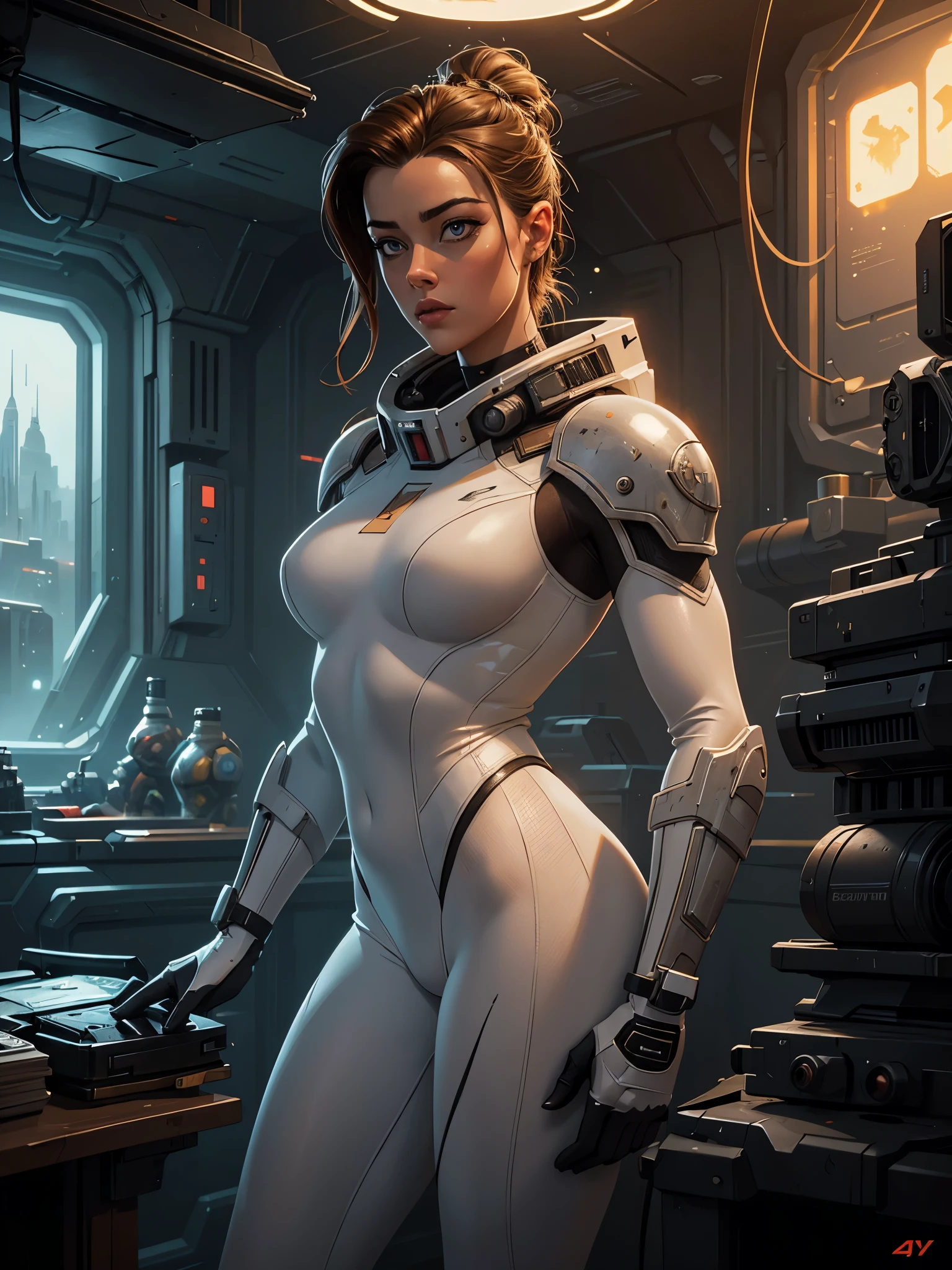 23 years old Spanish woman, ((full body)), ((nude)), ((heavily armored space commander)), beautiful chest, standing with her legs spread apart in the space ship in deep space far from the galaxy, no planet and no moon around there, fighting the huge alien space ship, milky way outside of the ship, zoom in from below