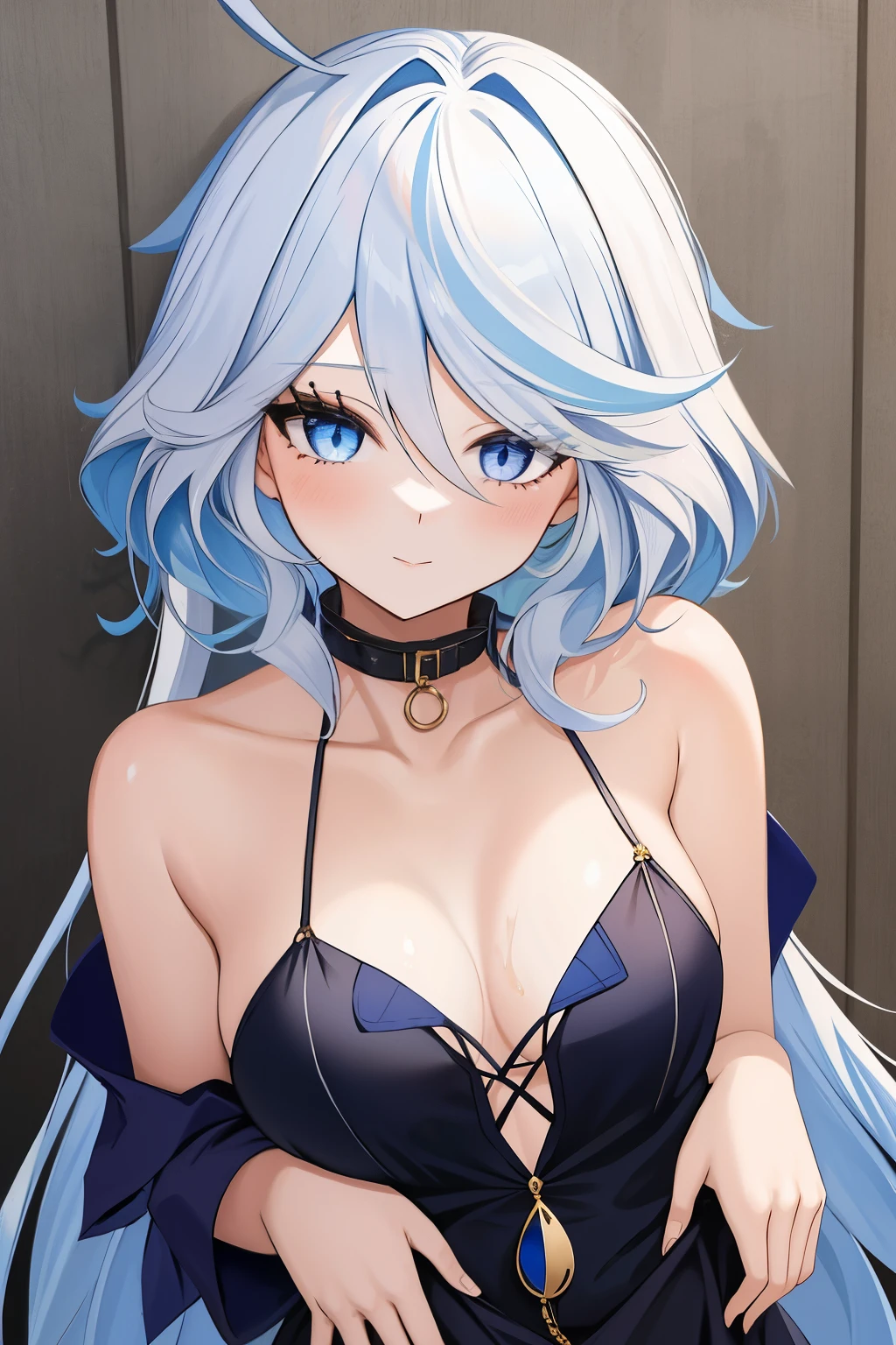 Furina,1girl,solo,long hair,ahoge,blue eyes,white hair,blue hair,bangs, off shoulder, collar bone, cleavage, look at viewer, perfect fingers, armpit peek, black sailor uniform