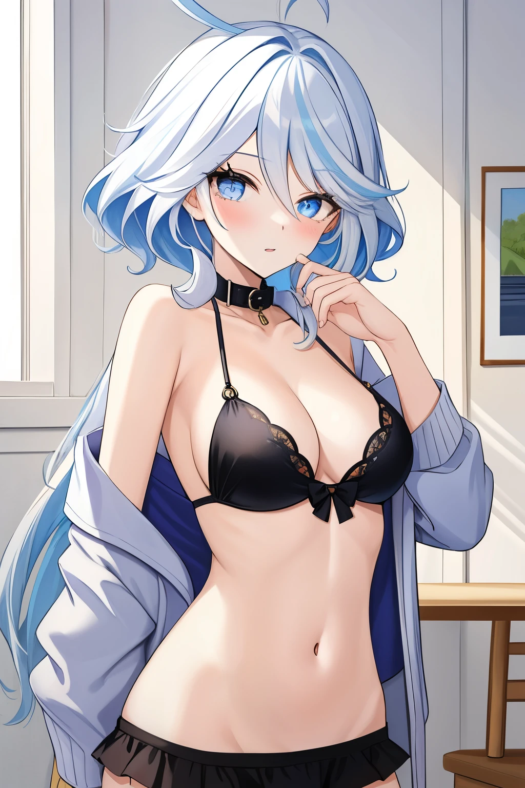 Furina,1girl,solo,long hair,ahoge,blue eyes,white hair,blue hair,bangs, off shoulder, collar bone, cleavage, look at viewer, perfect fingers, armpit peek, black sailor uniform