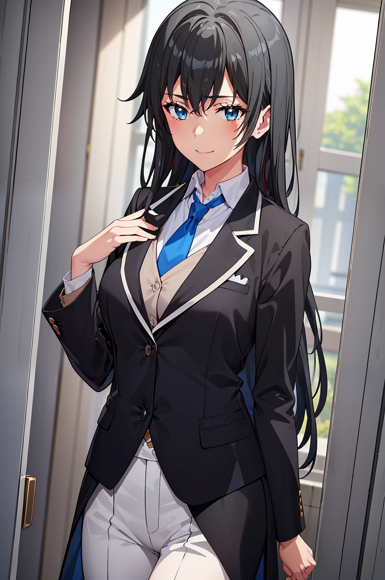 ((best quality)), ((masterpiece)), (detailed) 1girl 1girl, ;\), blurry, blurry_background, breasts, , hair_long , looking_at_viewer, ok_sign, one_eye_closed, open_hand, Yukinoshita Yukino ,Woman wearing formal clothes, An attractive coat stands in a large gap in the room , 1girl, 独奏, blue necktie, Black hair, eyes blue, long hair, smile , collared shirt, white pants, white shirt , Elegantly designed coat , Stand in front of a window ,Perfectly tailored tailcoat. It has a stunning Victorian design and is made of lustrous fabric , soft thighs , full body