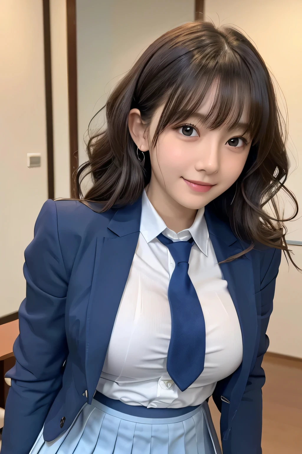 8K, highest quality, real image, intricate details, Super detailed, ultra high resolution, depth field,(realistic,realistic:1.2),table top , frontal shot , From the middle , 1 girl, eye_Chan, very beautiful  girl, innocent big eyes,、beautiful breasts:1.5、非常に詳細なeye:1.2)、(beautiful breasts:1.1)、wavy hair、curly hair、bangs、, perfect skin, Fair skin, huge breasts, put your hand on your chest、tight waist, light blush, alone, looking at the viewer, light smile, ((School_uniform),(dark blue blazer), (white shirt、Wearing a tie), (gray pleated skirt), (sculpture installation :1.1)