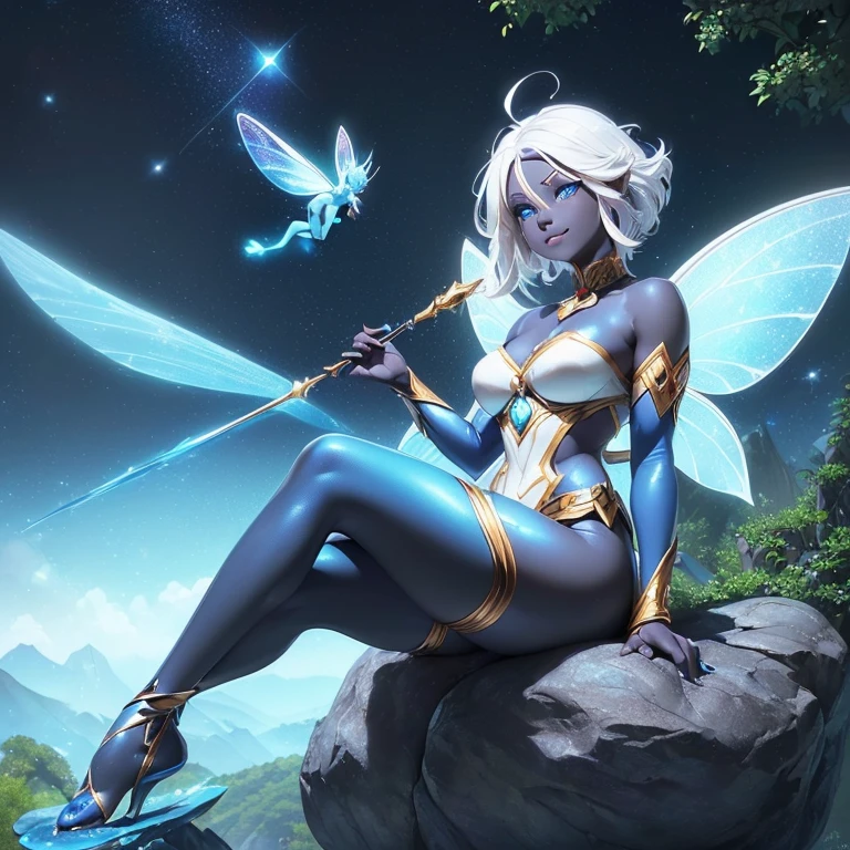 (((I want a fairy woman, with black skin, Detailed blue eyes, sparkling colored wings, body with simple curves, white hair gradient, holding a wand with magic, sitting on a rock surrounded by nature, sweet smile and beautiful clothes)))