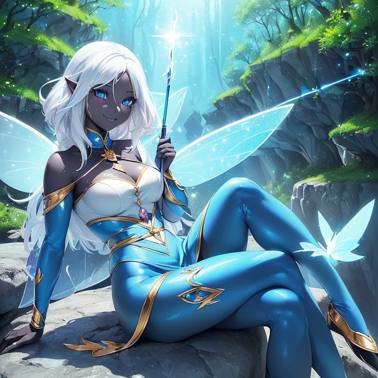 (((I want a fairy woman, with black skin, Detailed blue eyes, sparkling colored wings, body with simple curves, white hair gradient, holding a wand with magic, sitting on a rock surrounded by nature, sweet smile and beautiful clothes)))