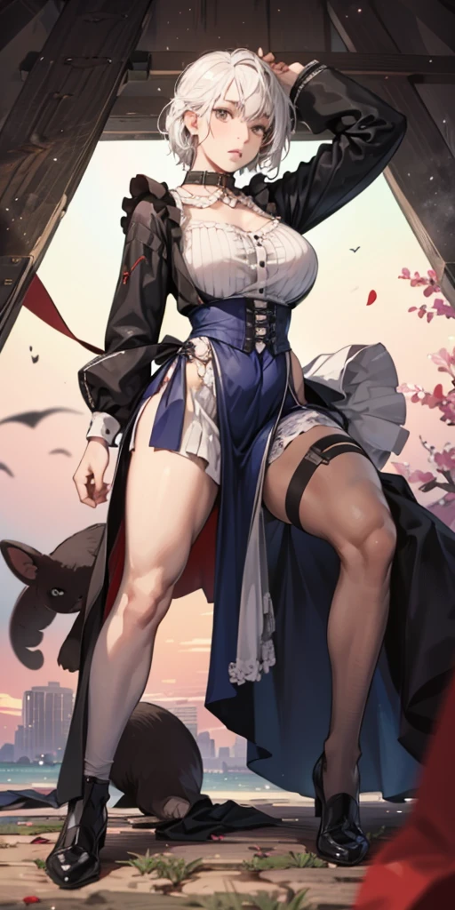 White hair , short hair, pinched eyes, (big-:1.5) , Thin legs, thin body, leather collar, Maid outfit victorian, dynamic pose, full body, View from below, wide hips, Kneeling