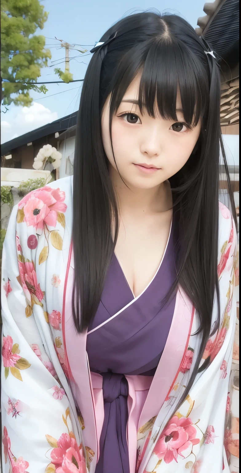 1girl, momoko kawasaki, Soft pink and white kimono with floral motifs, long hair, black hair, realistic, ultra detail, 70mm lens, 