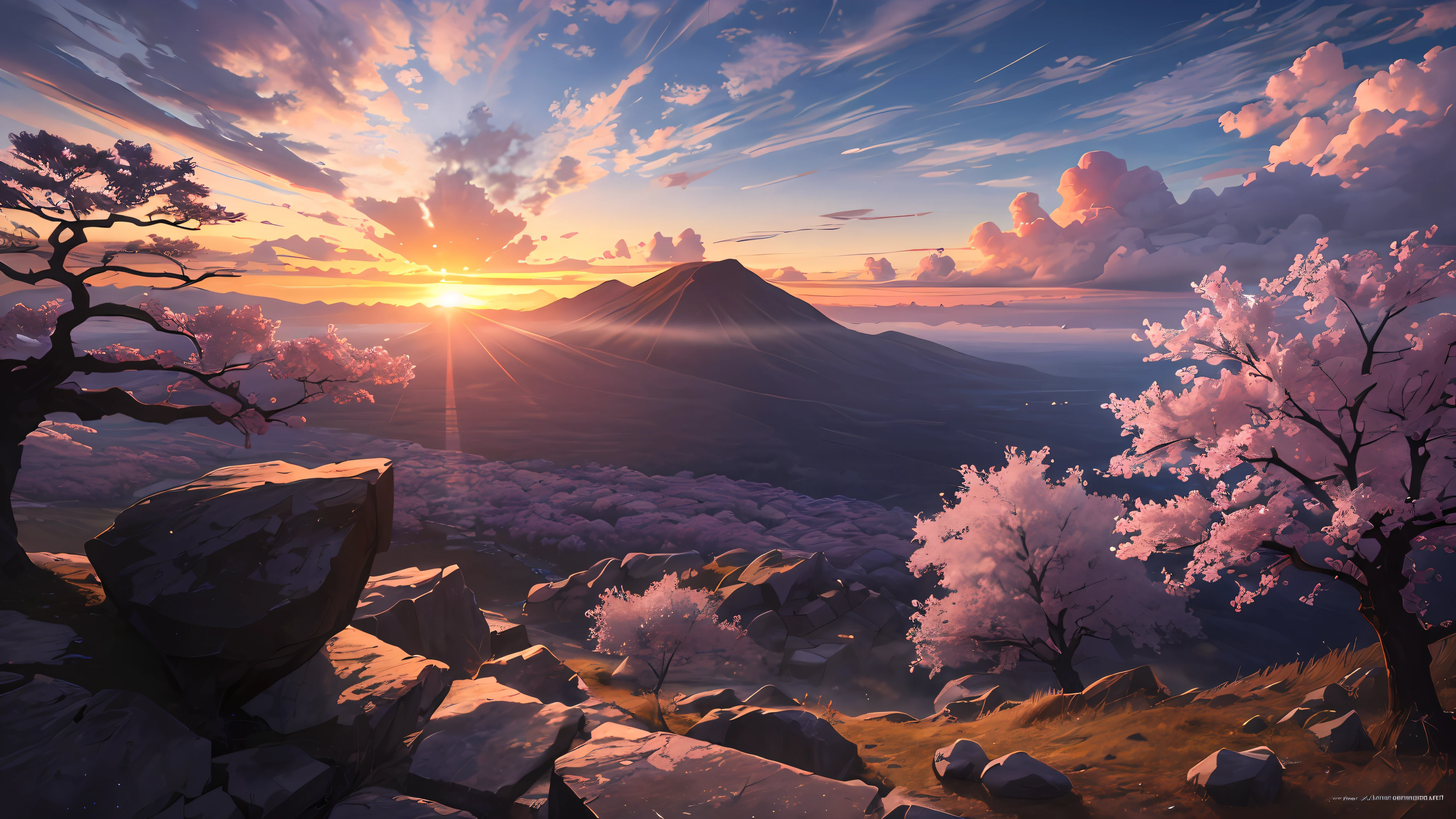 (masterpiece, best quality:1.2), Super detailed, Cinema lighting, human development report, illustration, landscape, sunrise, Cherry blossoms, touching, chill, inspiring,