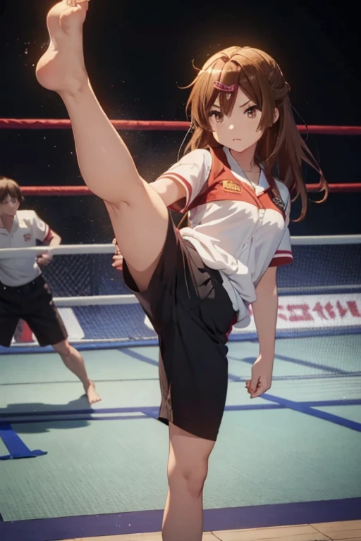 1girl, long brown hair, shinka nibutani, angry, wearing summer school uniform with short sleeves, right leg high kick, karate kick, right foot raised above head-height, barefoot, arched foot, barehands, fighting stance, martial arts, facing viewer, fit full body in picture, (best quality,8K,high resolution,ultra-detailed,masterpiece:1.2)