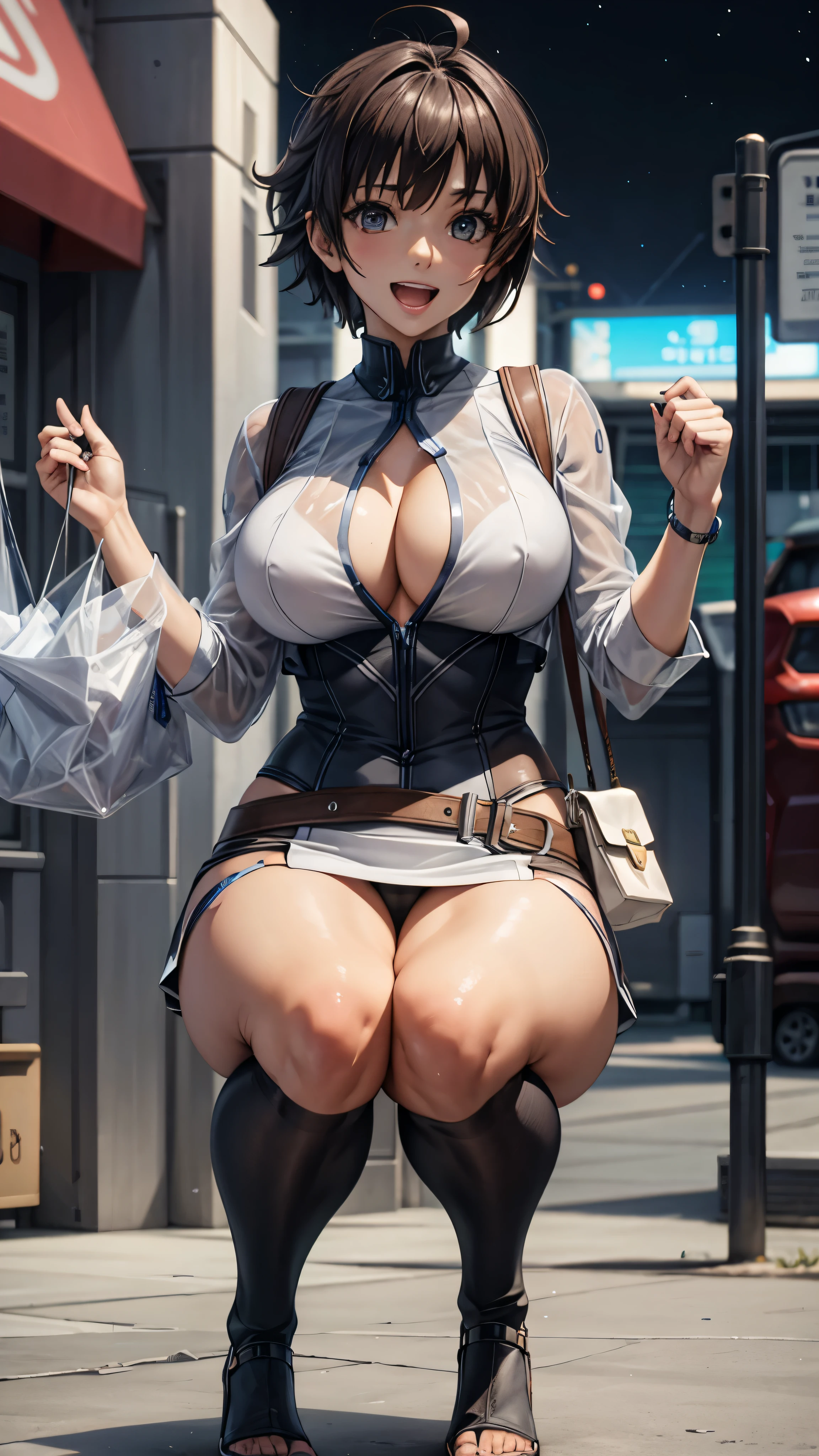 woman,20-year-old,,city,night,white tight miniskirt bodysuit,(Harada Makoto),open mouth smile,(((See-through)))Squats and legs wide open