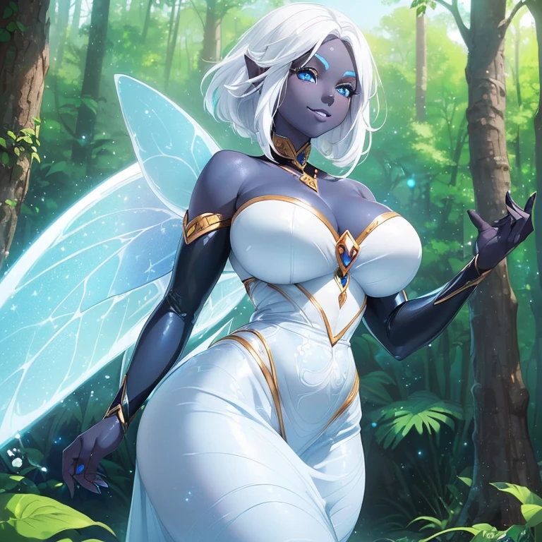 (((I want a fairy woman, with black skin, Detailed blue eyes, sparkling colored wings, body with simple curves, white hair gradient, surrounded by nature, sweet smile and beautiful clothes)))