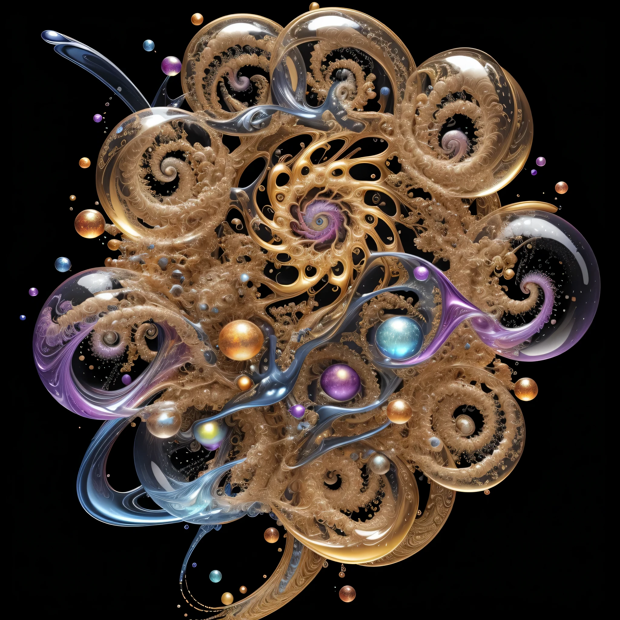 Masterpiece, Official Art, Highly Detailed CG, Professional Photography, Sharp Focus, HDR, Intricate Details, Refined Detail, (8K, Top Quality, Masterpiece, Ultra High Resolution: 1.2), Photorealistic, Galaxy Dramatic 3D rendering of swirls, swirls, fractal art bubbles + soap bubbles, fractal lures, pendulums, paint drips, splattered colors, professional photography, studio quality, background is space, stars swimming,