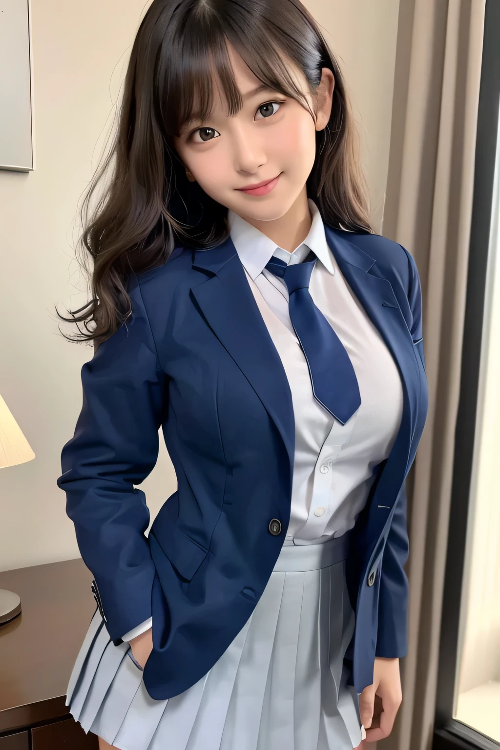 8K, highest quality, real image, intricate details, Super detailed, ultra high resolution, depth field,(realistic,realistic:1.2),table top , frontal shot , From the middle , 1 girl, eye_Chan, very beautiful 17 year old girl, innocent big eyes,、beautiful breasts:1.5、非常に詳細なeye:1.2)、(beautiful breasts:1.1)、wavy hair、curly hair、bangs、, perfect skin, Fair skin, huge breasts, put your hand on your chest、tight waist, light blush, alone, looking at the viewer, light smile, ((School_uniform),(dark blue blazer), (white shirt、Wearing a tie), (gray pleated skirt), (sculpture installation :1.1)