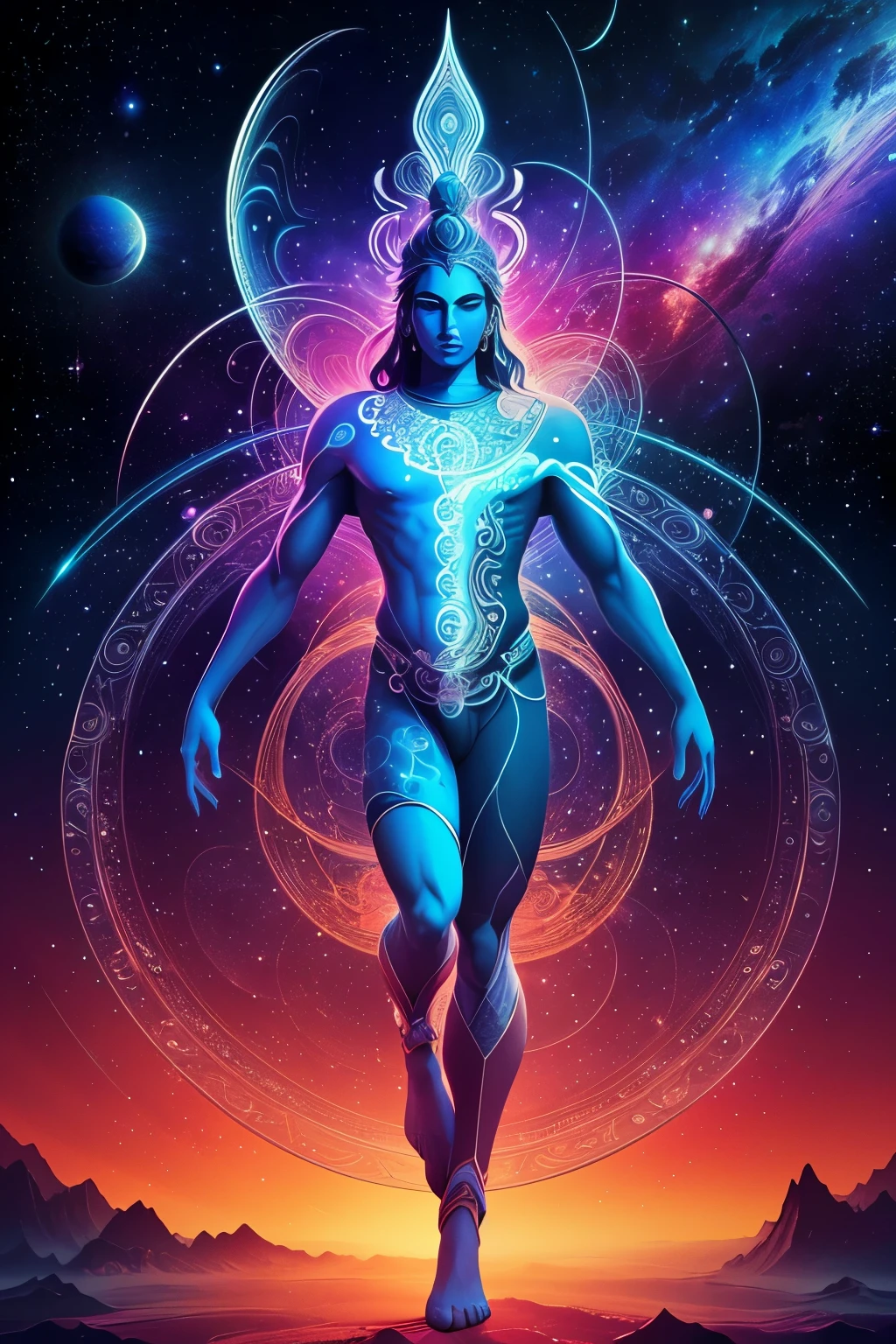 (High resolution, incredibly detailed, masterpiece), portrait of Shiva standing on one leg, exuding divine energy and tranquility, adorned with intricate jewelry and vibrant hues (0.8). The god of destruction serenely balances himself amidst a breathtaking cosmic landscape (1.2), encircled by the vast expanse of a galactic background. Fractal geometry embraces this artistic creation, weaving complex, mesmerizing shapes and patterns that bring to life the intricacy and beauty of the universe, inspired by the transcendental realm of DMT.