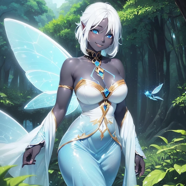 (((I want a fairy woman, with black skin, Detailed blue eyes, sparkling colored wings, body with simple curves, white hair gradient, surrounded by nature, sweet smile and beautiful clothes)))