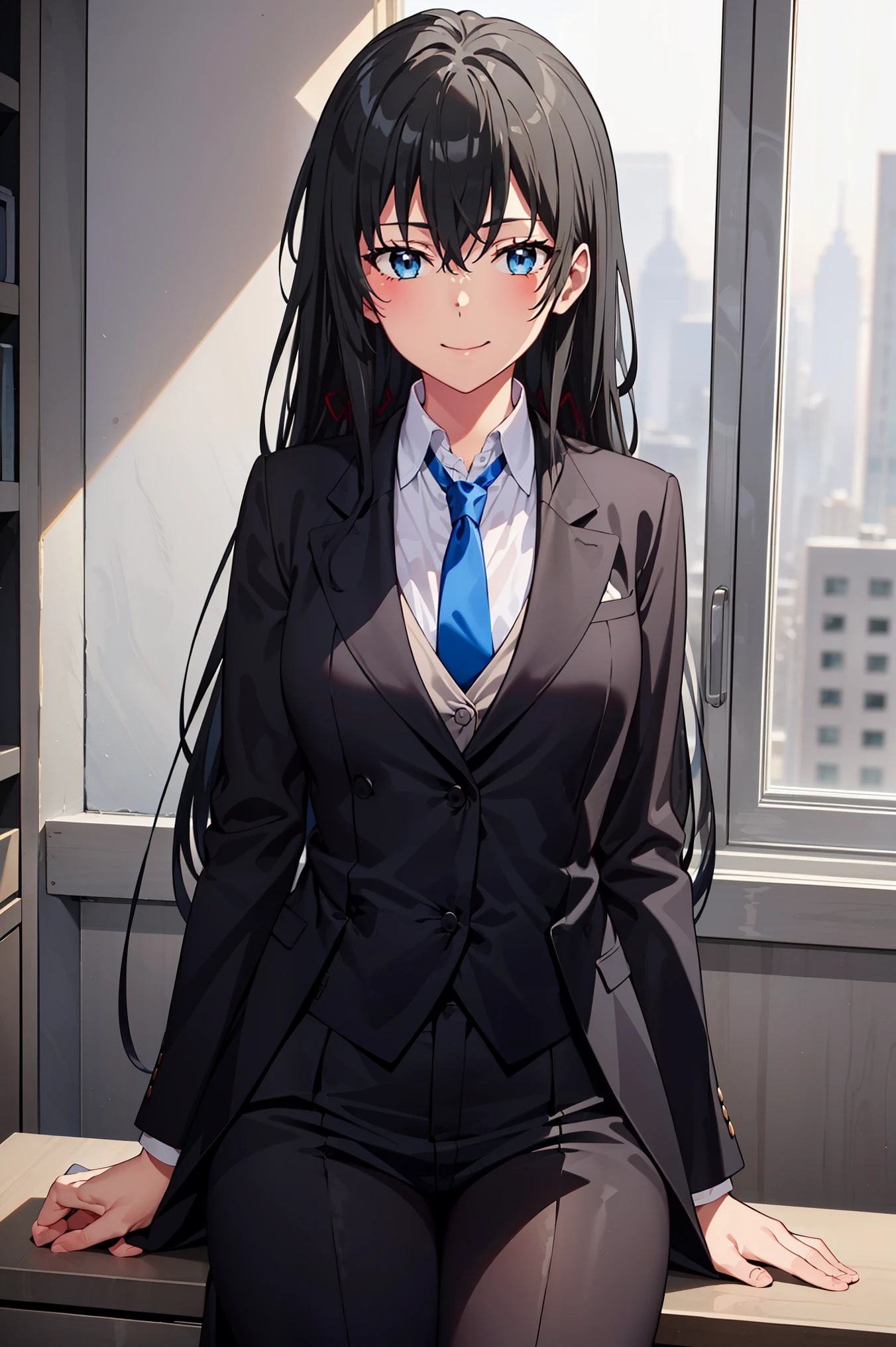 ((best quality)), ((masterpiece)), (detailed) 1girl 1girl, ;\), blurry, blurry_background, breasts, , hair_long , looking_at_viewer, ok_sign, one_eye_closed, open_hand, Yukinoshita Yukino ,Woman wearing formal clothes, An attractive coat stands in a large gap in the room , 1girl, 独奏, blue necktie, Black hair, eyes blue, long hair, smile , collared shirt, white pants, white shirt , Elegantly designed coat , Stand in front of a window ,Perfectly tailored tailcoat. It has a stunning Victorian design and is made of lustrous fabric , soft thighs , full body