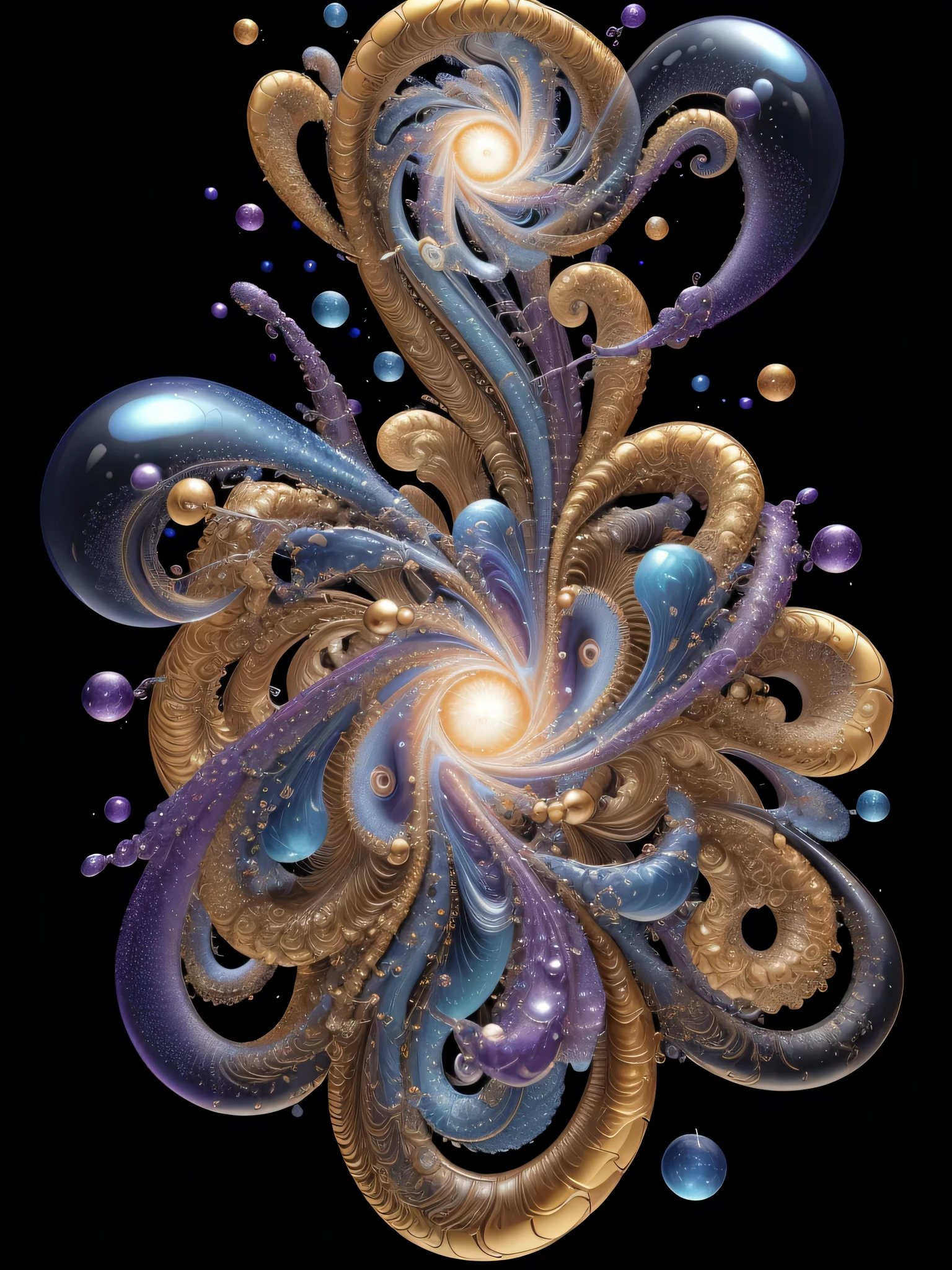 Masterpiece, Official Art, Highly Detailed CG, Professional Photography, Sharp Focus, HDR, Intricate Details, Refined Detail, (8K, Top Quality, Masterpiece, Ultra High Resolution: 1.2), Photorealistic, Galaxy Dramatic 3D rendering of swirls, swirls, fractal art bubbles + soap bubbles, fractal lures, pendulums, paint drips, splattered colors, professional photography, studio quality, background is space, stars swimming,