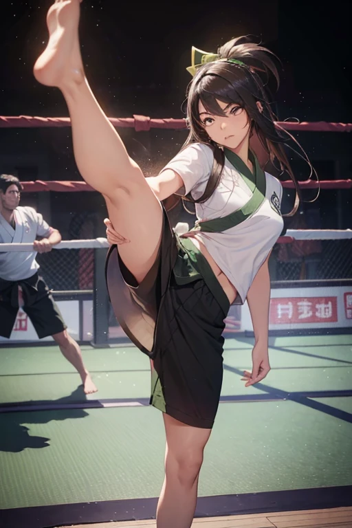 1girl, akali, angry, wearing summer school uniform with short sleeves, right leg high kick, karate kick, right foot raised above head-height, barefoot, arched foot, barehands, fighting stance, martial arts, facing viewer, fit full body in picture, (best quality,8K,high resolution,ultra-detailed,masterpiece:1.2)