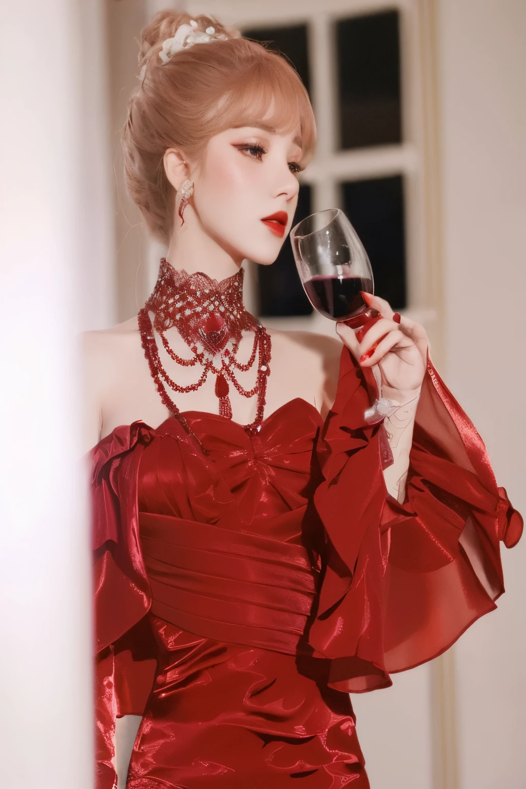 hay una mujer con un vestido rojo sosteniendo una copa de vino, in a red dress from the Victorian era, sha xi, elegante vestido rojo, rojo rico, vino tinto, ropa opulenta de color rojo oscuro adornada, cai xukun, ropa de seda negra y roja, vistiendo traje formal rojo, in crimson red, la chica lleva un vestido rojo, vistiendo traje rojo, red jewelry, jia