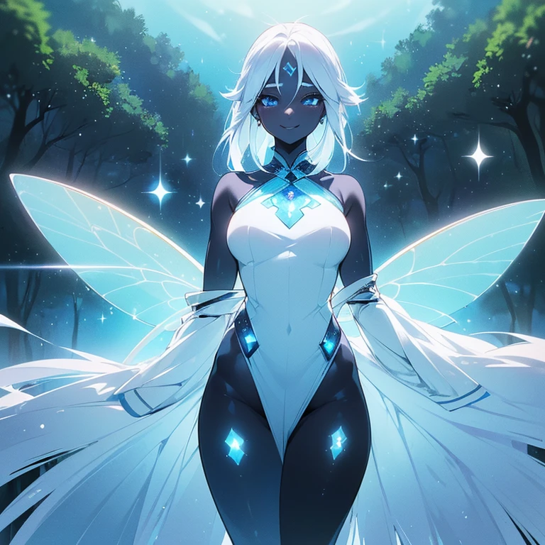 (((I want a fairy woman, with black skin, Detailed blue eyes, sparkling colored wings, body with simple curves, white hair gradient, surrounded by nature, sweet smile and beautiful clothes)))