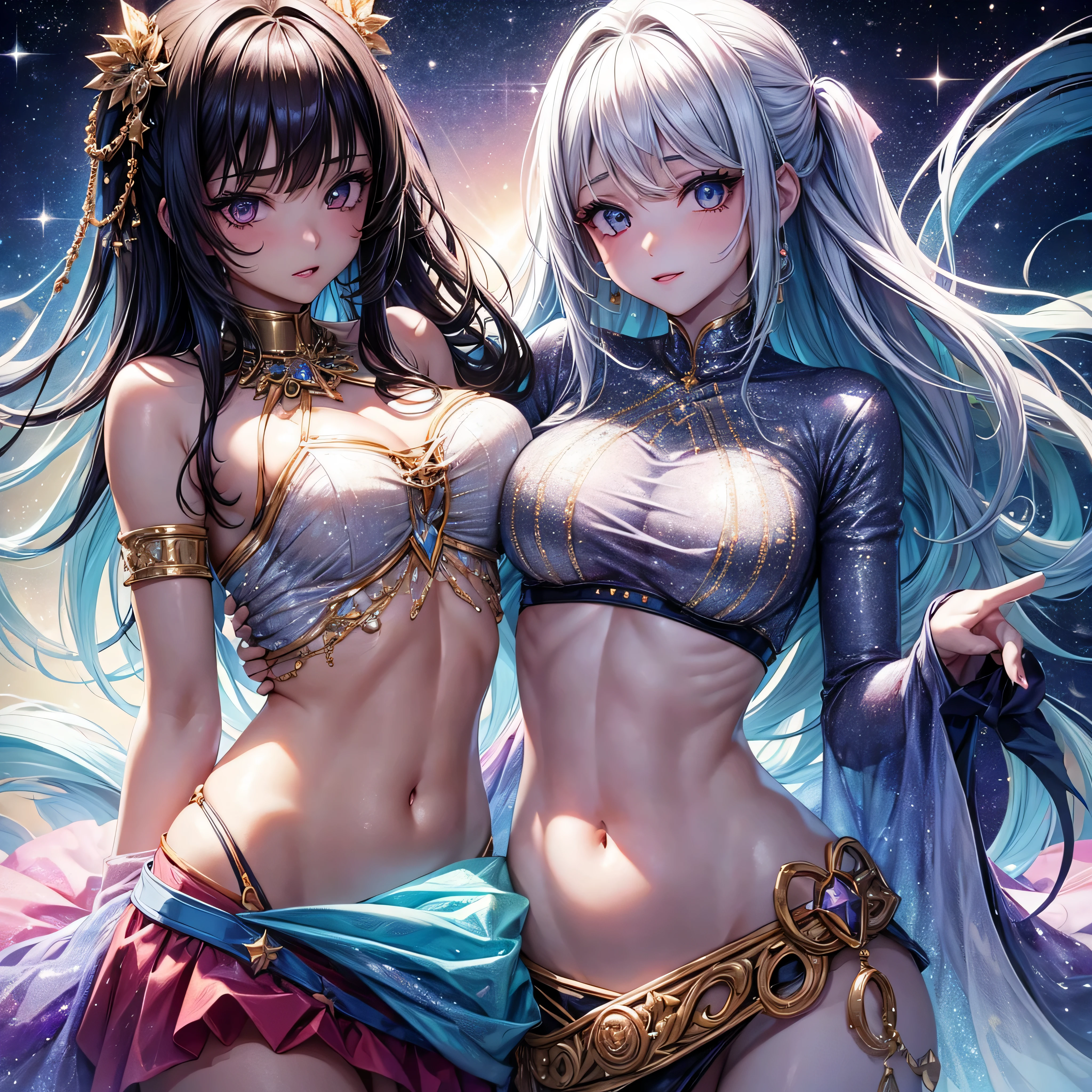 two girls in erotic embrace, bedazzling eyes, exposed stomach, exposed midriff, bare tummy, navel, glitter, starlight