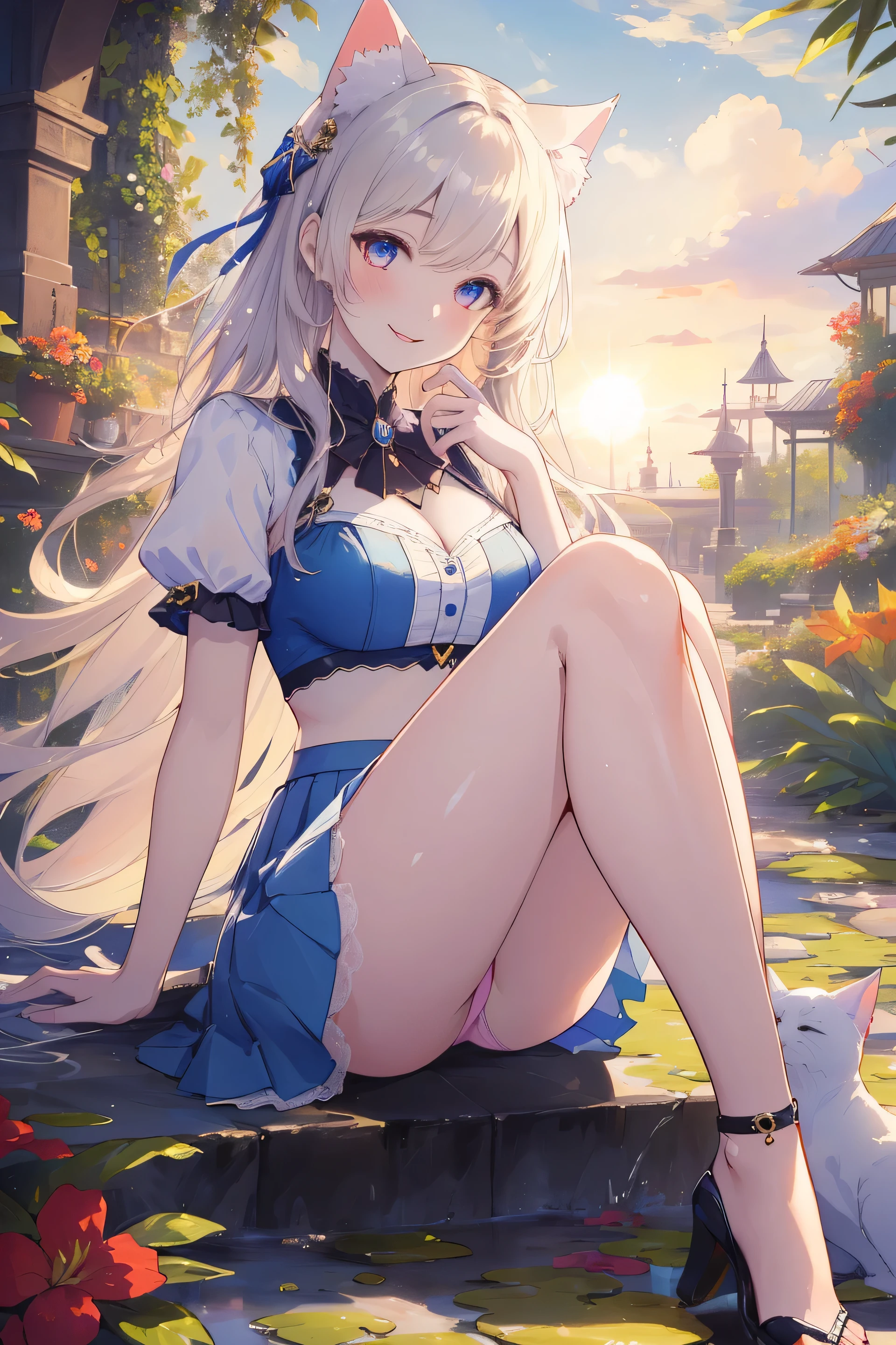 ((masterpiece, highest quality, 8K, High resolution:1.3)), 1 girl, Cat ear, white skin, medium breasts, pointed chest, fantasy, botanical garden, knees to chest, sunlight, Sparkling, big smile, panty shot, blue skirt,