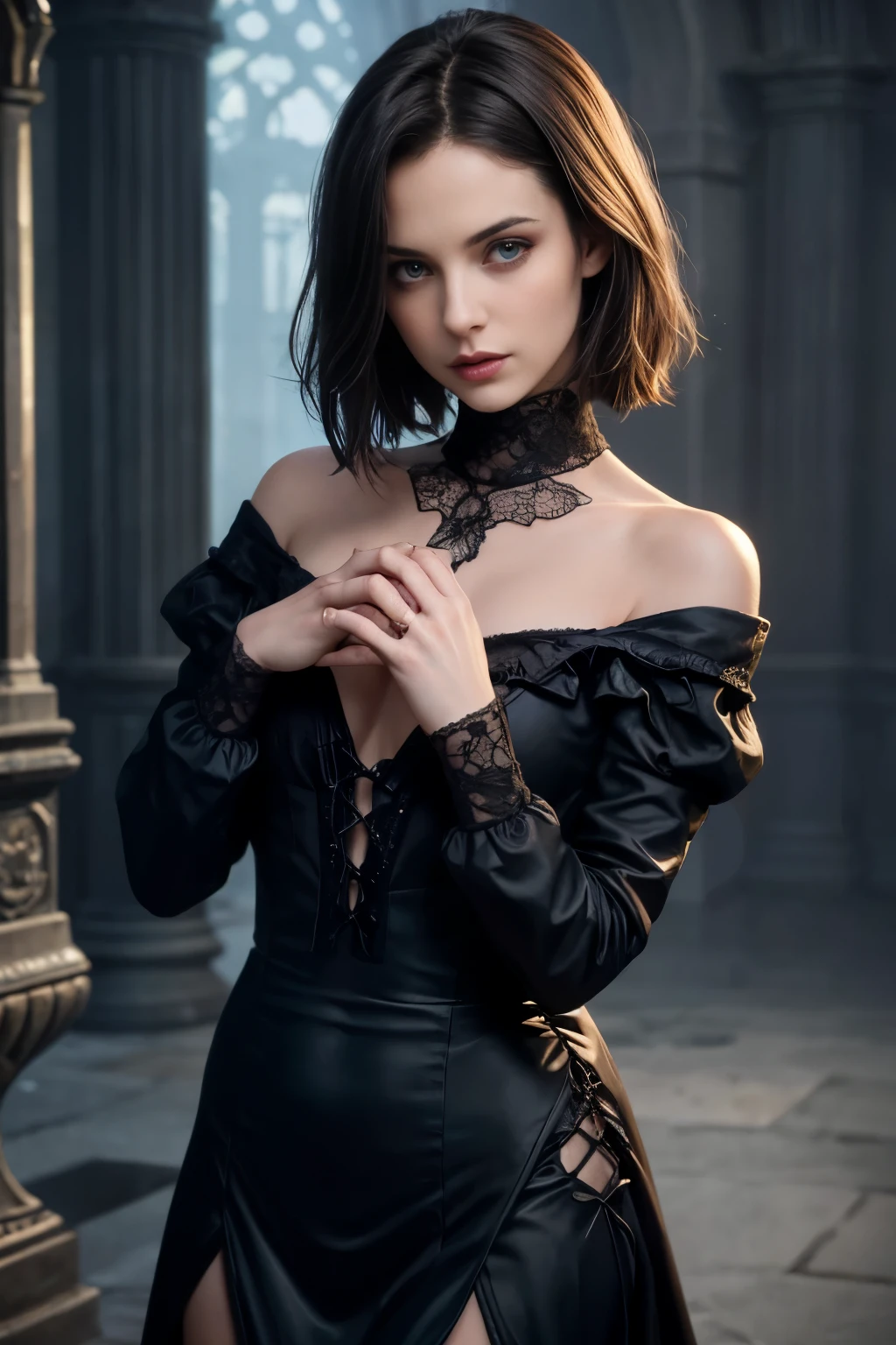 long shot,front view, ((Realistic Beautiful eyes)), fashion photography,cinematic lighting,
(( BOB hair )),Gradient hair,dark color hair ,one woman,delicate hands,(Wearing Gothic black dress),((hair shoulder length)),in the style of Gothic,
European style castle movie scenes,((highly detailed hands)), skinny, legs, very cute, (topless)