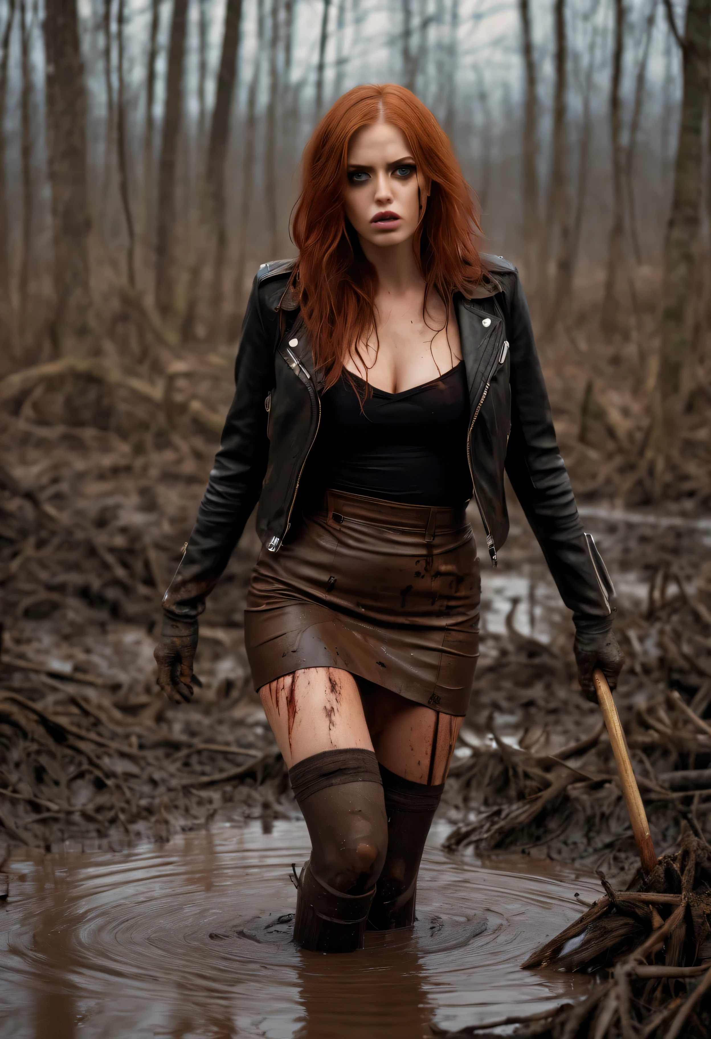 woods. warm lighting, The woman, Looks into the eyes, ((Scared)), Muddy swamp, (erotically drowning in a swamp), ((pencil skirt)), Stockings with garters, leather jacket. (Tormented by lust:1.3), (muddy, dirty) clothes, (Copper-red hair