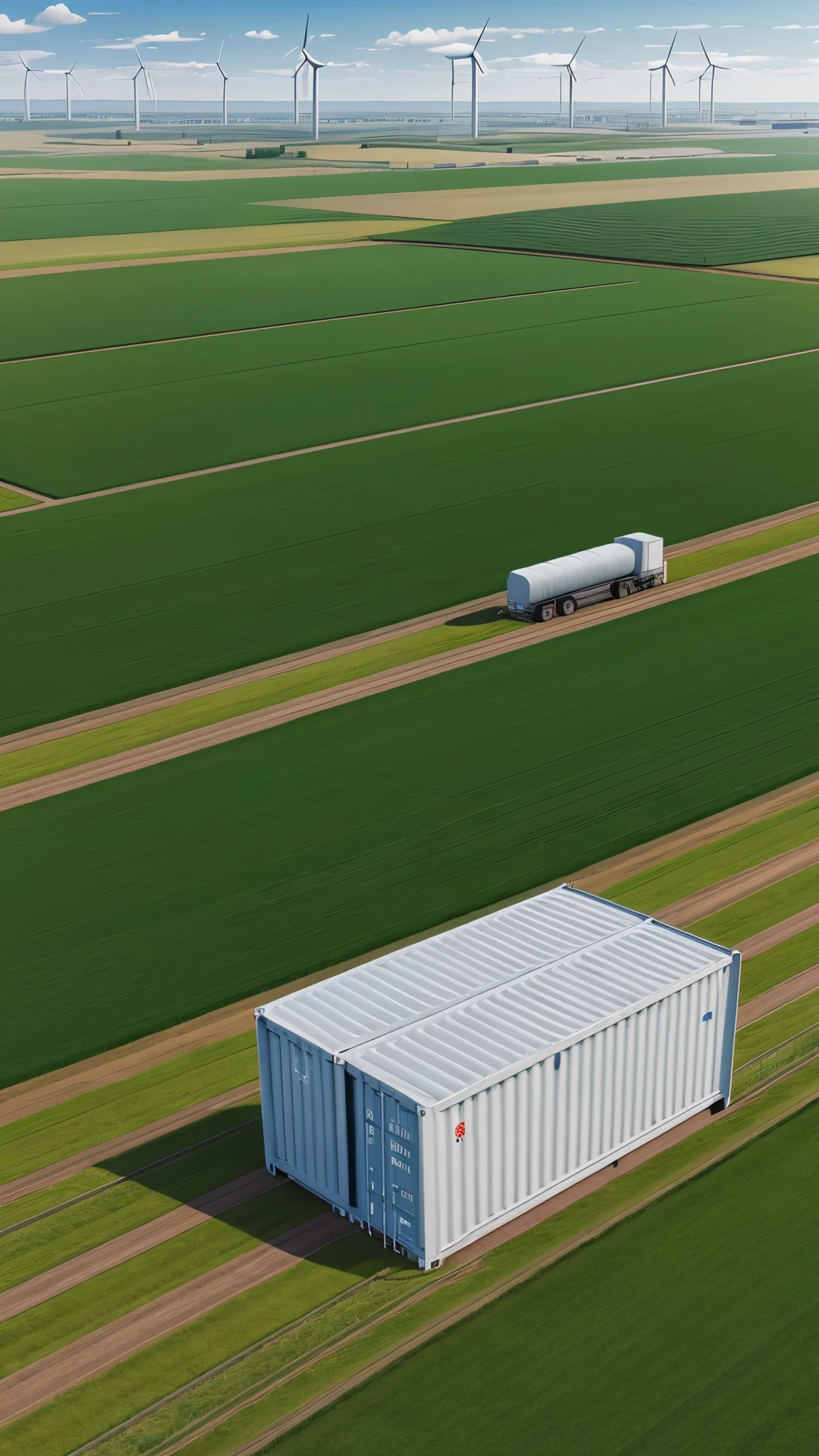 BESS container with wind turbines in the background and a field of grass, massive battery, renewable energy, green energy, shipping containers, highly rendered!!, turbines, cgi rendering, clean energy, rendering of the windigo, by Artur Tarnowski, utility, battery, by Kurt Roesch, highly photographic render, artistic render
