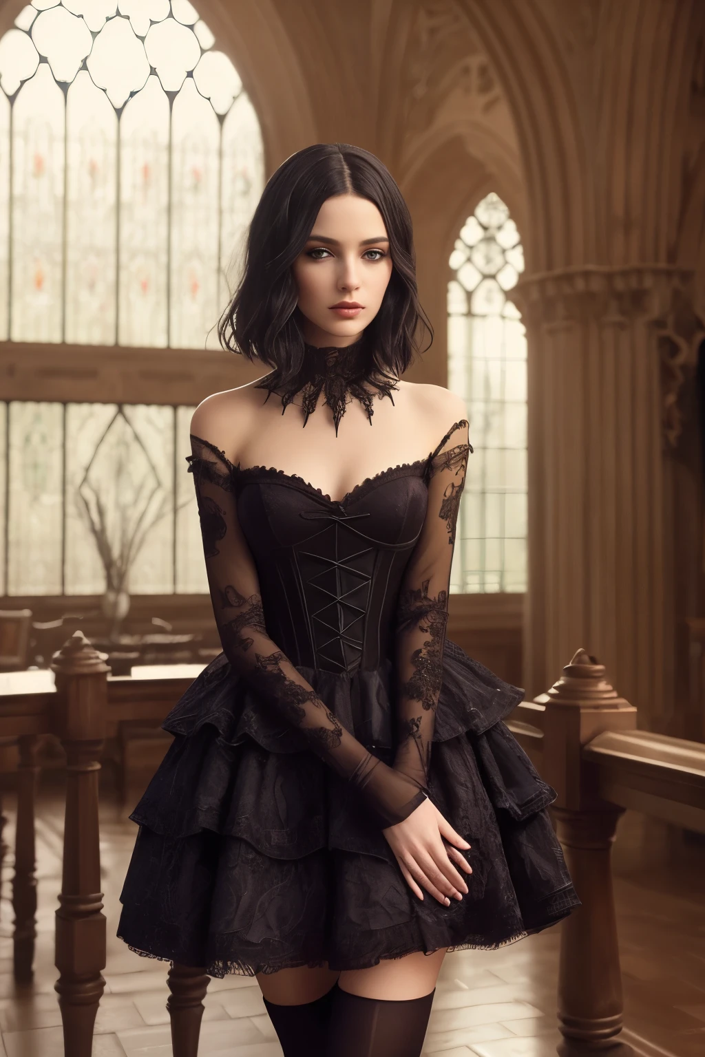 long shot,front view, ((Realistic Beautiful eyes)), fashion photography,cinematic lighting,
(( BOB hair )),Gradient hair,dark color hair ,one woman,delicate hands，(Wearing Gothic black dress),((hair shoulder length))，in the style of Gothic,
European style castle movie scenes，((highly detailed hands)), skinny, legs, very cute