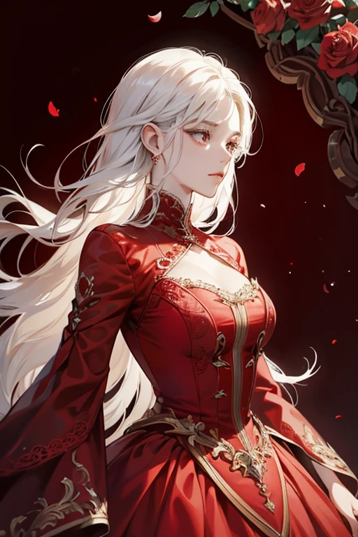 a close up of a woman in a red dress with roses, extravagant dress, 8k highly detailed ❤🔥 🔥 💀 🤖 🚀, dressed beautiful gown, wearing a wonderful dress, red dress, detailed dress and face, all red, beautiful gown, gown, elegant red dress, red, wearing a wonderful dress, exquisite digital illustration,The most beautiful woman in the world、white hair、white eyes、whole body
