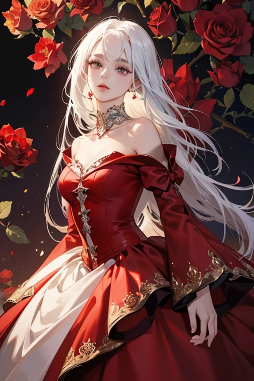 a close up of a woman in a red dress with roses, extravagant dress, 8k highly detailed ❤🔥 🔥 💀 🤖 🚀, dressed beautiful gown, wearing a wonderful dress, red dress, detailed dress and face, all red, beautiful gown, gown, elegant red dress, red, wearing a wonderful dress, exquisite digital illustration,The most beautiful woman in the world、white hair、white eyes、best style、beautiful legs、whole body