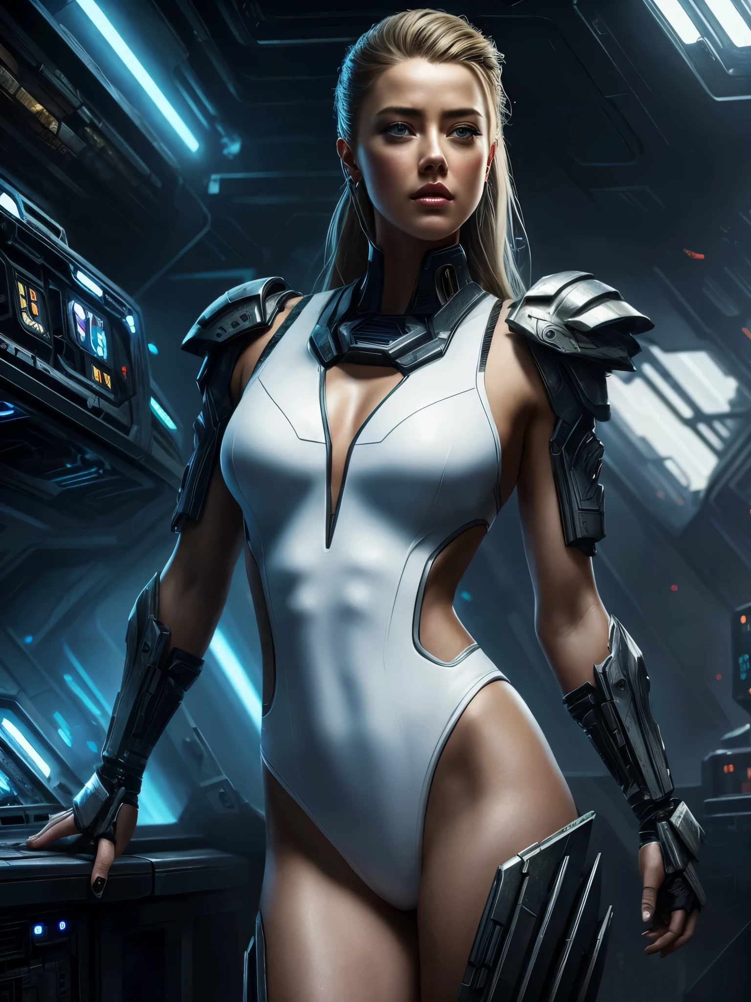 Amber Heard, 25 yo, Perfect Face, Perfect body, bodybuilder, White Swinsuit armored cyberpunk, Pretty Features, Spaceship Interior, Wadim Kashin, James Gurney, INK, Splash Art", Royo, Sharp Focus, Emitting Diodes, Smoke, Artillery, Sparks, Racks, SYSTEM Unit, Motherboard, by Pascal Blanche Rutkowski Repin Artstation Hyperrealism Painting Concept ART of Detailed Character Design Matte Painting, 4K Resolution Blade Runner, Mysterious