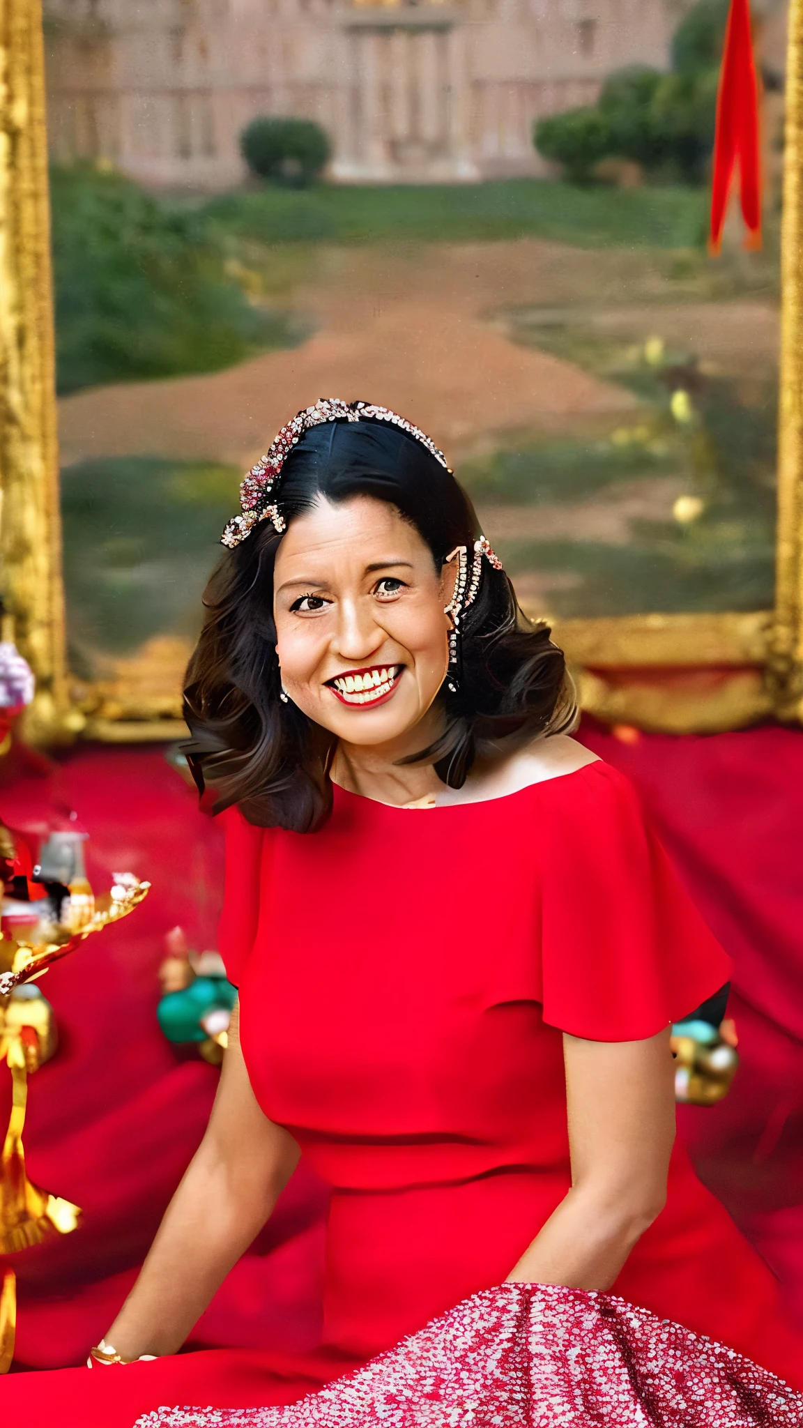 A grand birthday celebration, her 38th birthday in a red dress, golden shoes and diamond necklaces, and triumphantly in front of her royal residence.