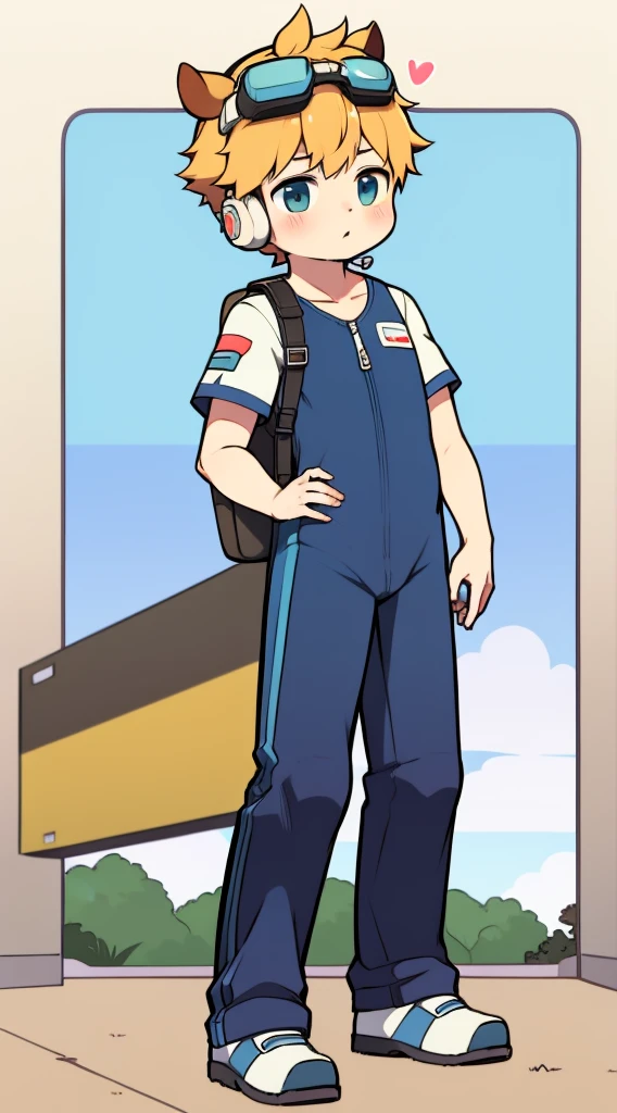 Two-dimensional boy Shota,One-piece hiking suit,cow horn,Cow ears,Wear the headphones on your head,stood up,goggles,sports shoes