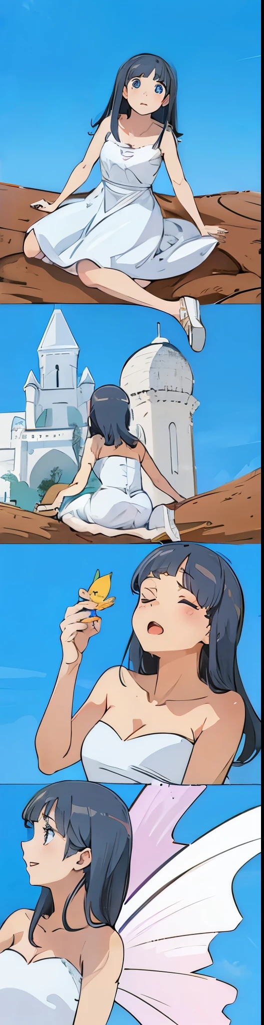 beautiful girl,dark hair,White dress,Cartoon anime style,tree trunks,castle,Ray tracing