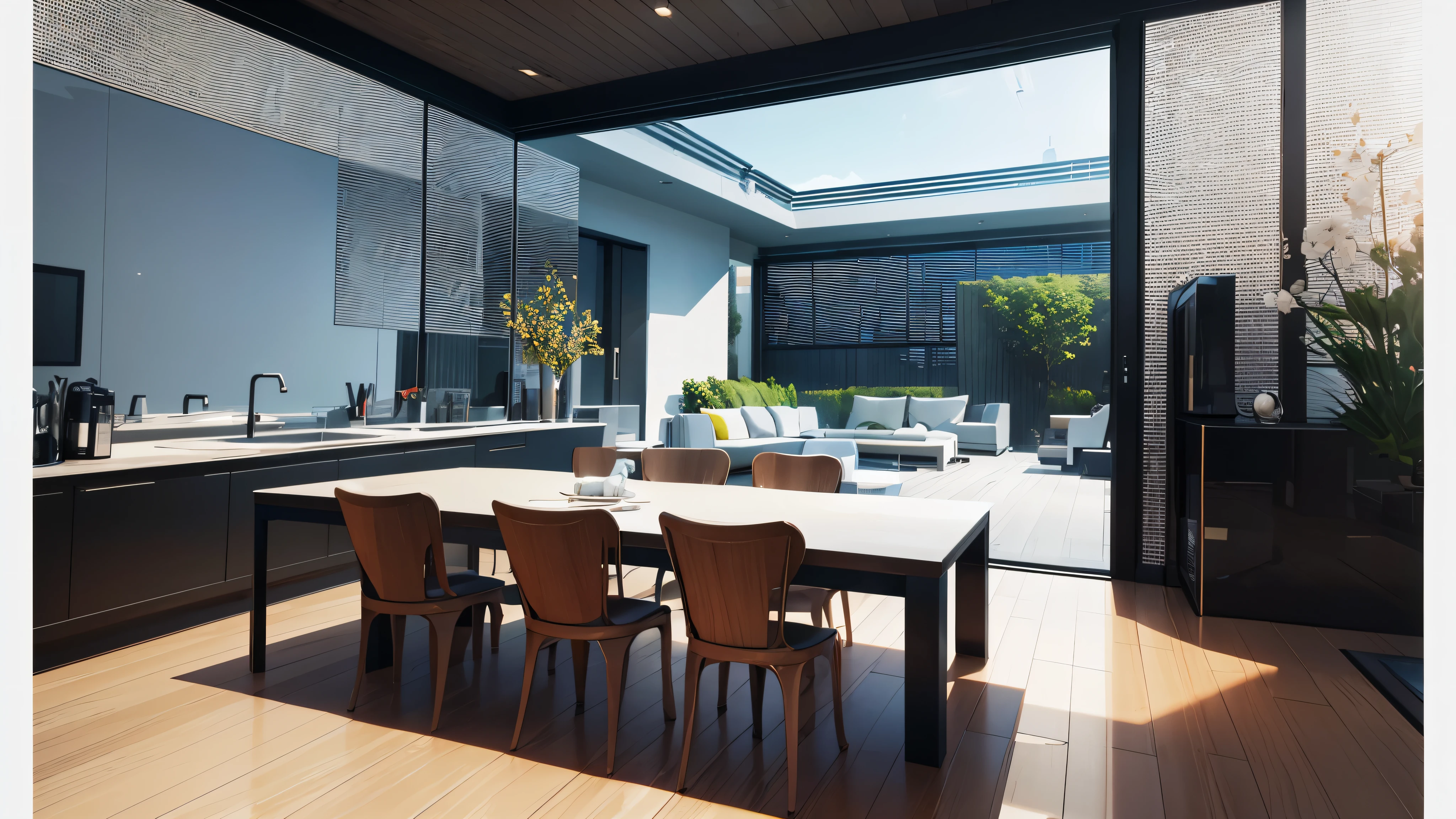 You are a famous interior designer、You have been asked to create a 3D image of a modern large room. Create a harmonious environment with modern and minimalist furniture. Including garden interior.