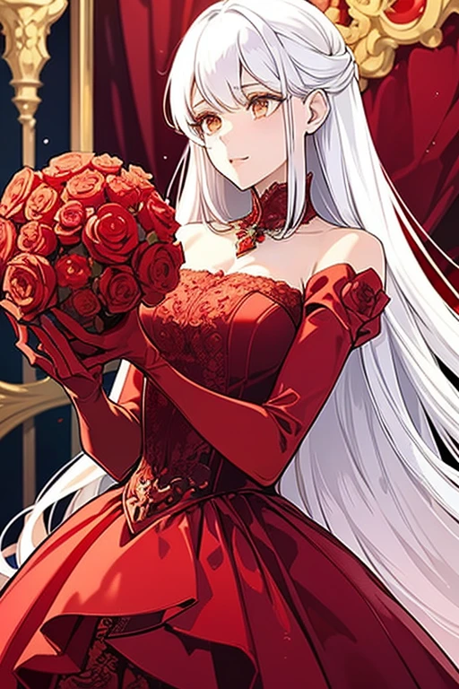 a close up of a woman in a red dress with roses, extravagant dress, 8k highly detailed ❤🔥 🔥 💀 🤖 🚀, dressed beautiful gown, wearing a wonderful dress, red dress, detailed dress and face, all red, beautiful gown, gown, elegant red dress, red, wearing a wonderful dress, exquisite digital illustration,The most beautiful woman in the world、white hair、white eyes、whole body