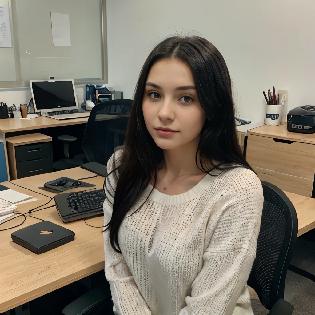 young woman, Slavic appearance, with black hair, sits in the office