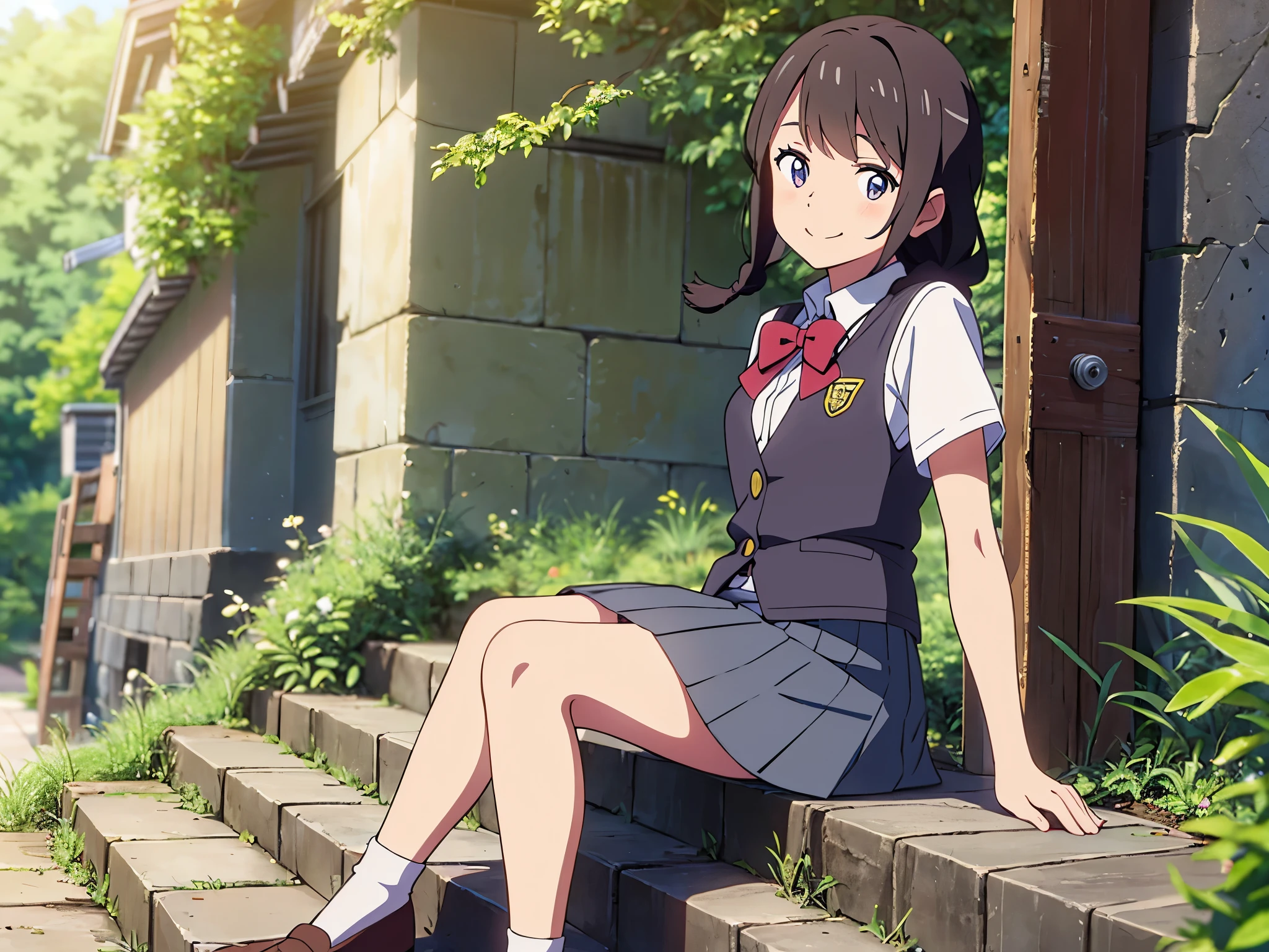 1 skinny girl，alone，ruins，Abandoned，Anime manga girl, pixiv, Lolita in skirt, anime change, cute anime, cute anime girl, Curvy little loli, Anime visuals of a cute girl, cute anime, Anime cute art style, cute anime style，Extremely detailed CG，Sling clothes，Vest skirt，8k wallpaper，12 years old，thin eyebrows，Smile，Tie twisted braids behind ears，Qi bangs，Smile，Sit on the stone steps，Mary Jane shoes，long skirt，(white socks)