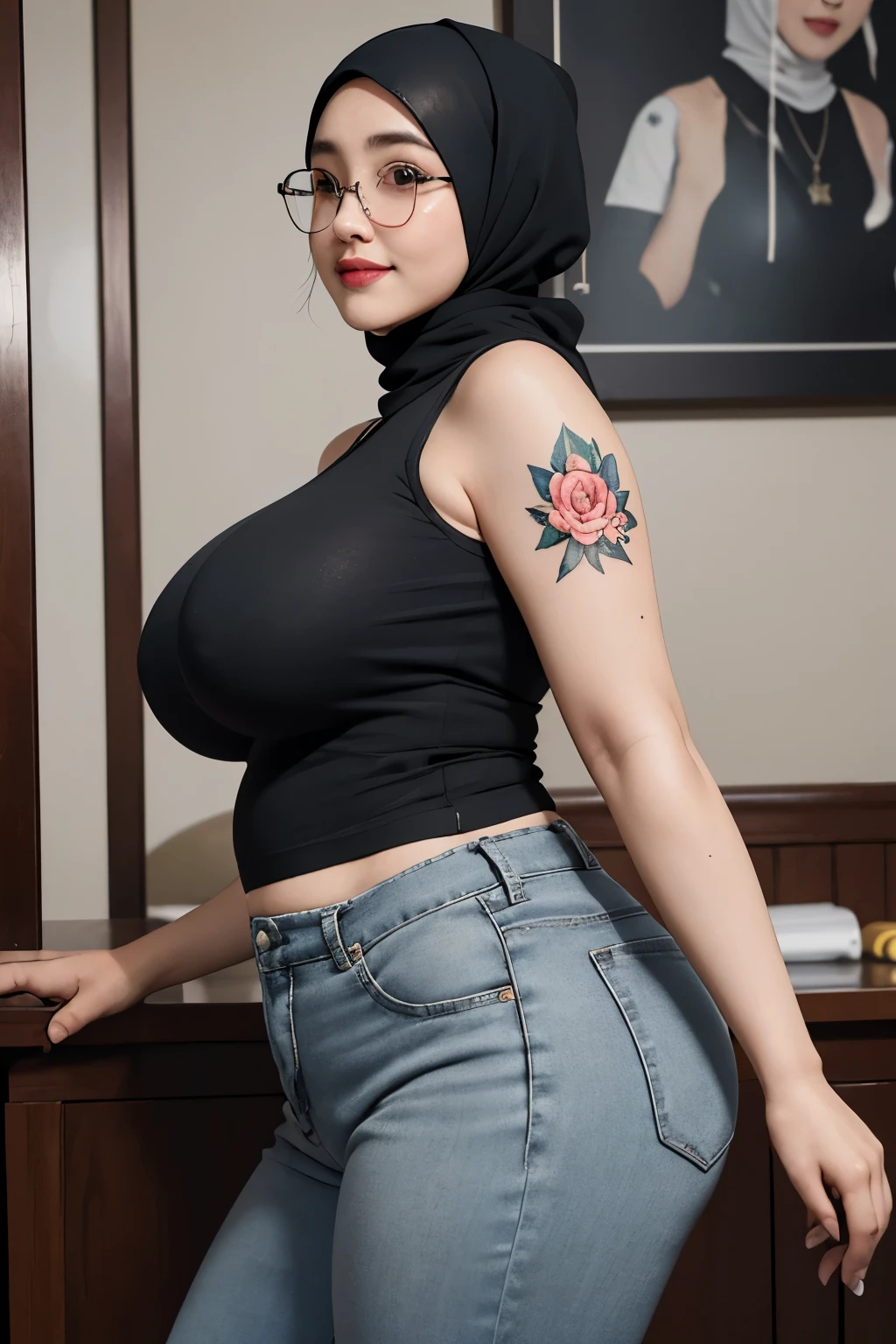 wanita berhijab syariah, wearing t-shirt, sneakers, chubby cheeks, chubby arm, chubby, glasses, big breast, chubby tight, wearing a hijab, bbw, bbc, cute girl, mature and plump, plump woman, clean and smooth pics, all star, high quality, best quality, good vibes, nice look, tattooed, gorgeous, elegant, high resolution, super extremely resolution, flower tattoos, Perfect angle, mature woman, milf, tight t-shirt, skinny, perfect look, t-shirt, dark room, smile shy, woman 40 years old, black t-shirt, chubby cheeks, Thigh-length pants, sweaty, full bodies, tank top, dimples, armpits