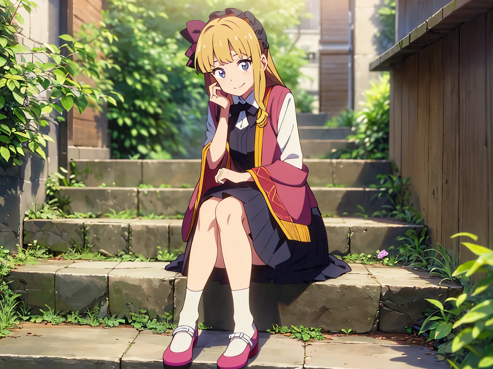1 skinny girl，alone，ruins，Abandoned，Anime manga girl, pixiv, Lolita in skirt, anime change, cute anime, cute anime girl, Curvy little loli, Anime visuals of a cute girl, cute anime, Anime cute art style, cute anime style，Extremely detailed CG，Sling clothes，Vest skirt，8k wallpaper，12 years old，thin eyebrows，Smile，Tie twisted braids behind ears，Qi bangs，Smile，Sit on the stone steps，Mary Jane shoes，long skirt，(white socks)